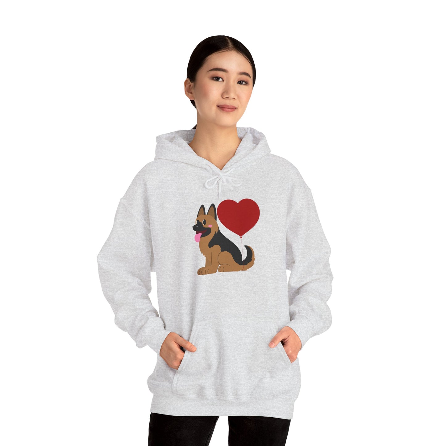 Unisex Dog Lover Hoodie With a Graphic of German Shepherd Puppy and Heart Shaped Balloon Attached With Tail