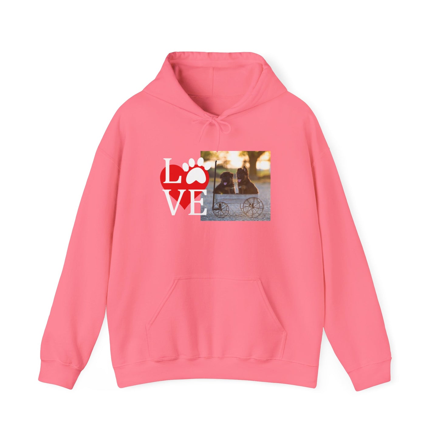 Unisex Dog Lover Hoodie With Two Cute German Shepherd Puppies Sitting on a Cart and Caption Love On Top of Red Heart
