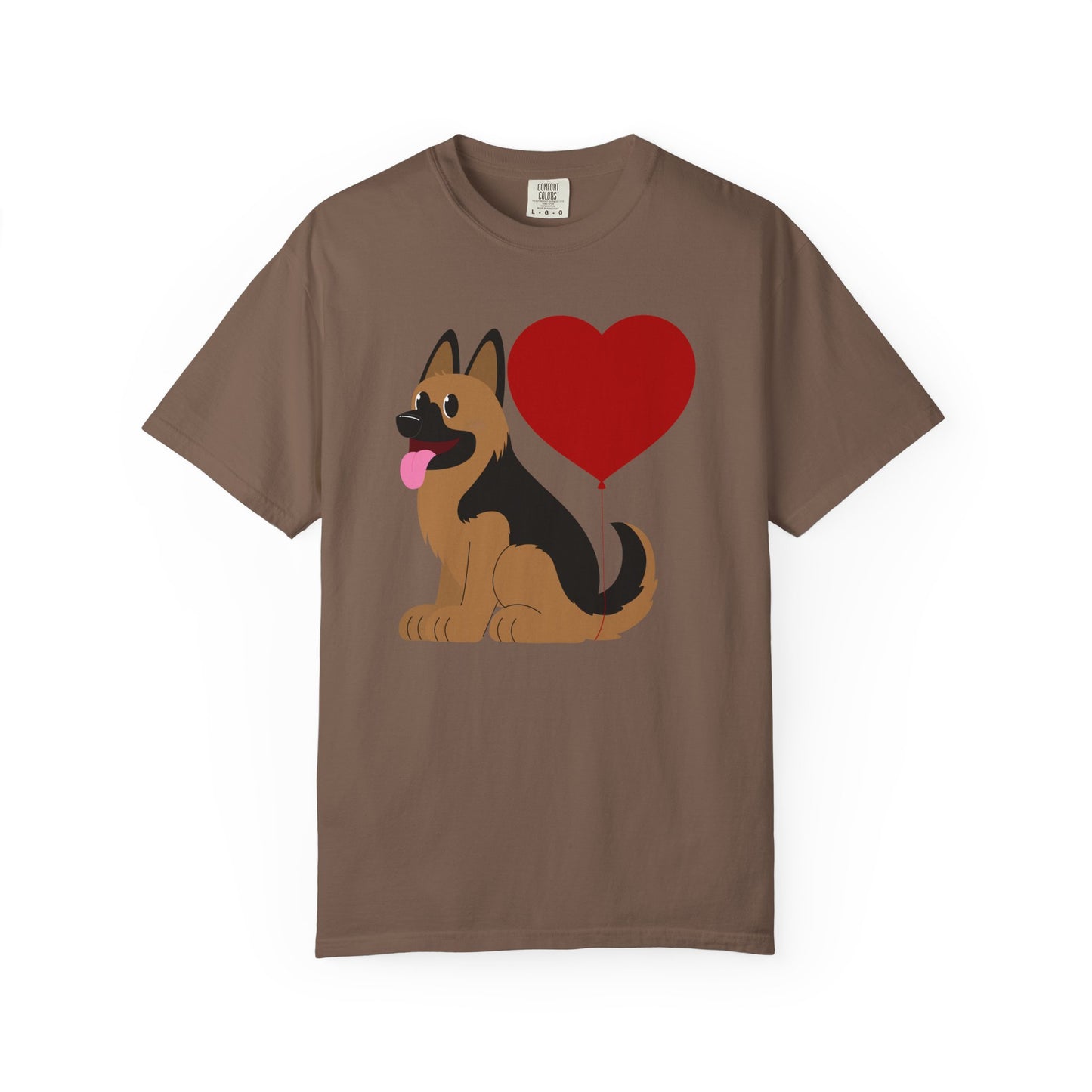 Unisex Dog Lover T-Shirt With a Graphic of German Shepherd Puppy and Heart Shaped Balloon Attached With Tail
