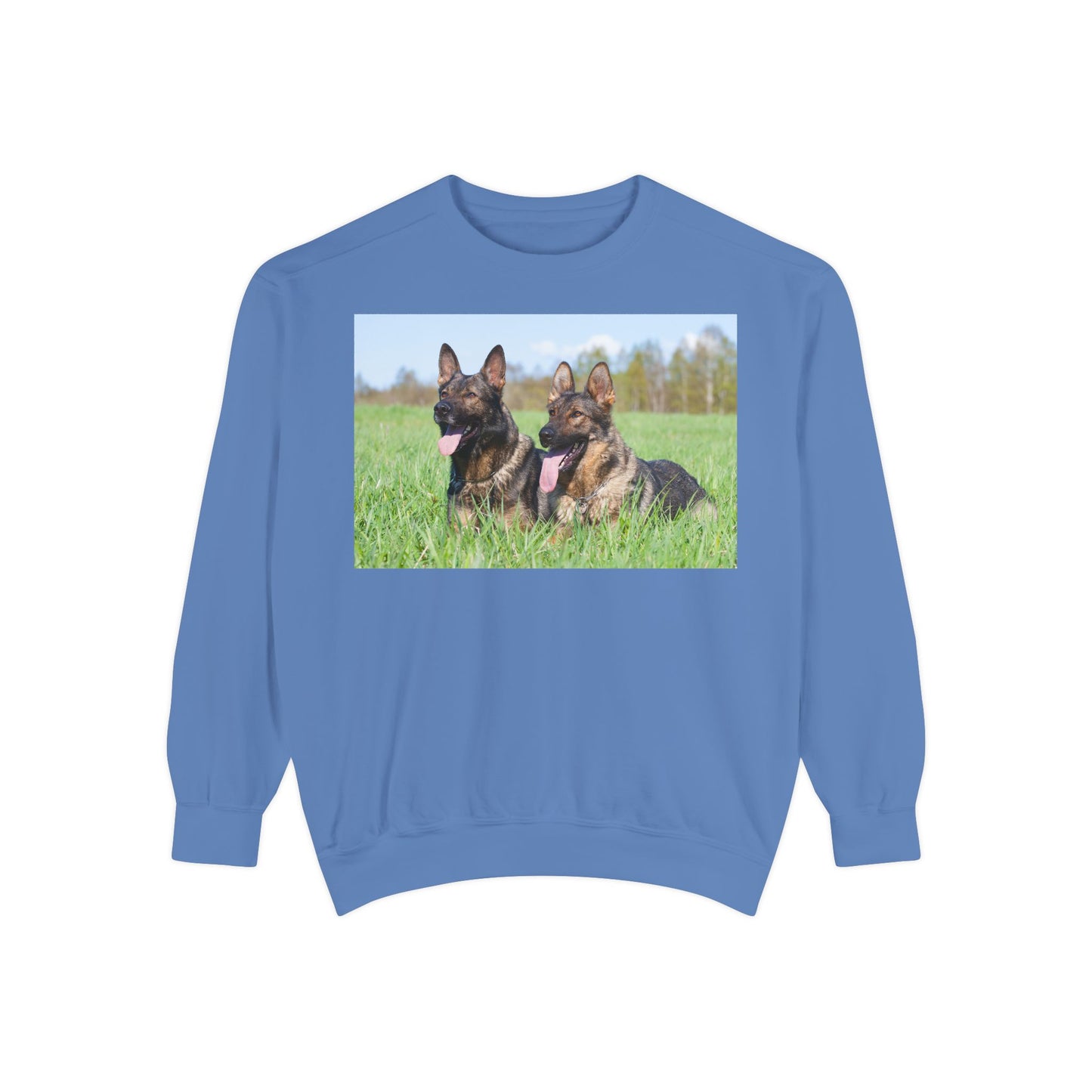 Unisex Dog Lover Sweatshirt With Two Giant German Shepherds Lying on the Grass With Tongues Out