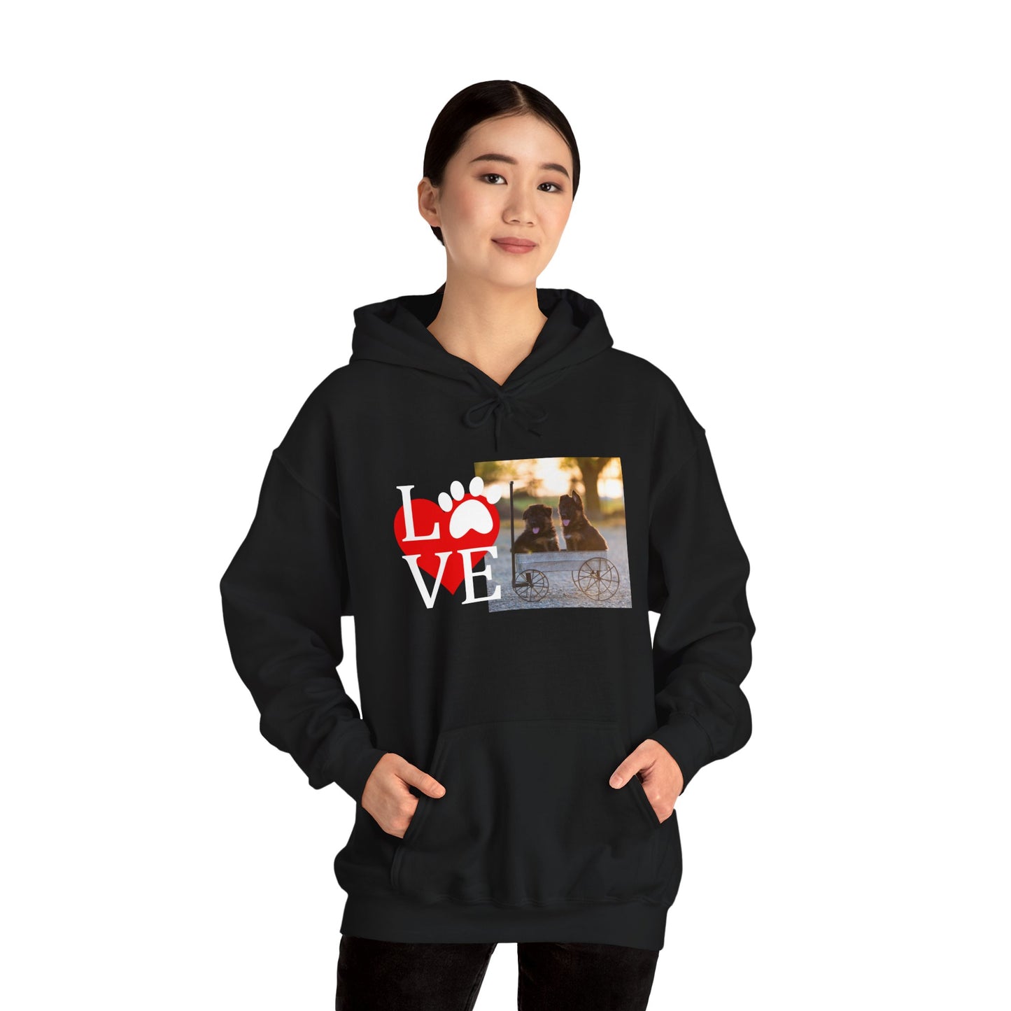 Unisex Dog Lover Hoodie With Two Cute German Shepherd Puppies Sitting on a Cart and Caption Love On Top of Red Heart