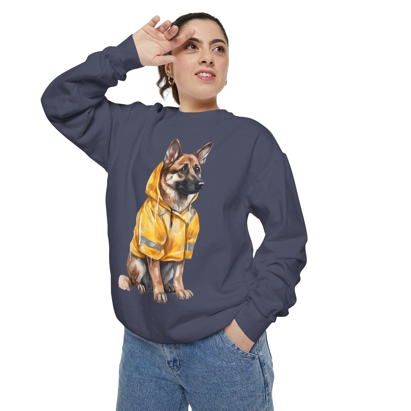Unisex Dog Lover Sweatshirt With a Graphic of German Shepherd Wearing a Yellow Rain Coat