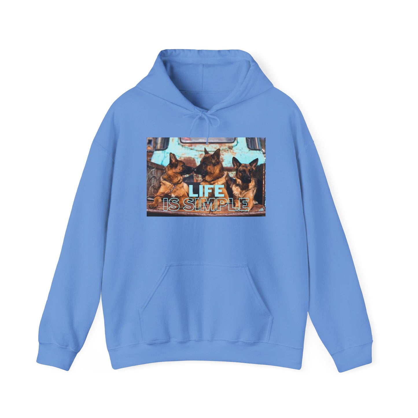 Unisex Dog Lover Hoodie With Three German Shepherds Sitting on the Truck's Cargo Bed and Caption Life is Simple