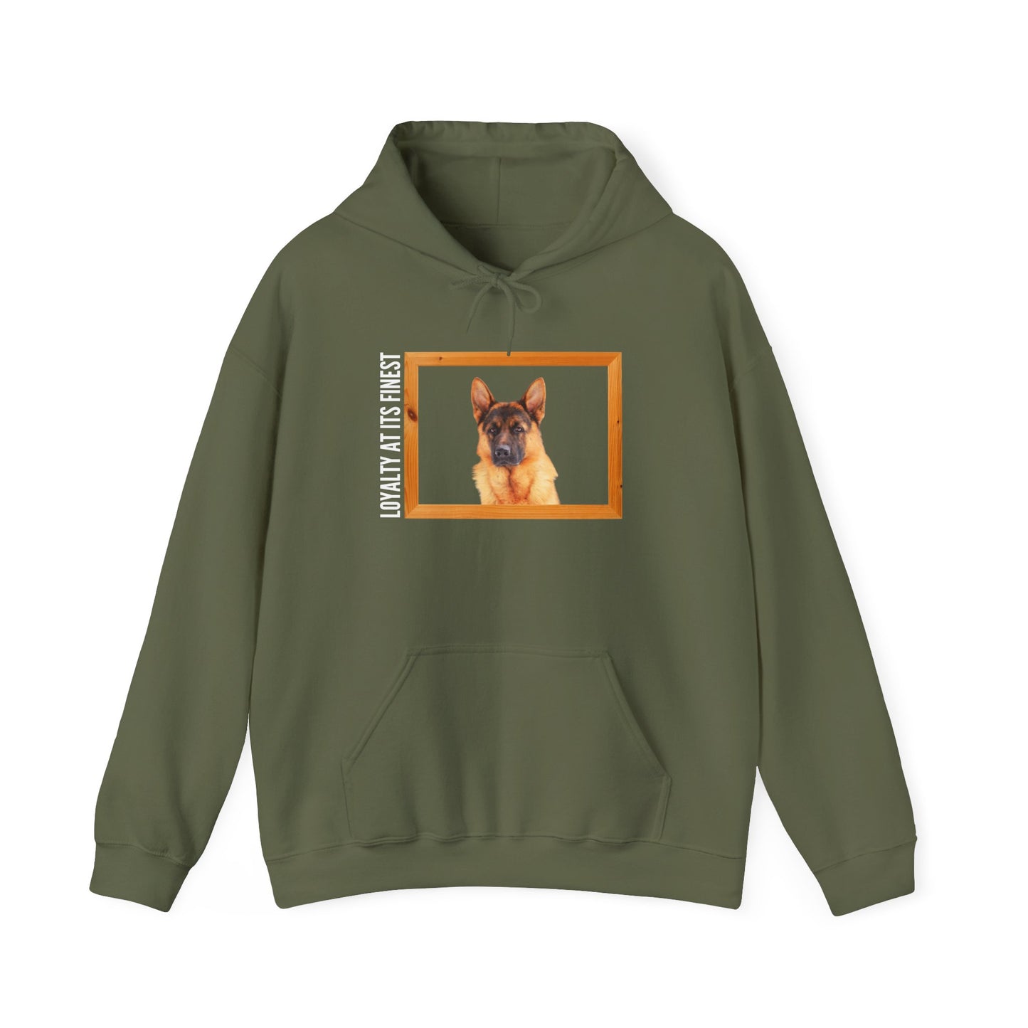 Unisex Dog Lover Hoodie With a German Shepherd's Head Inside a Wooden Frame and Caption Loyalty at its Finest