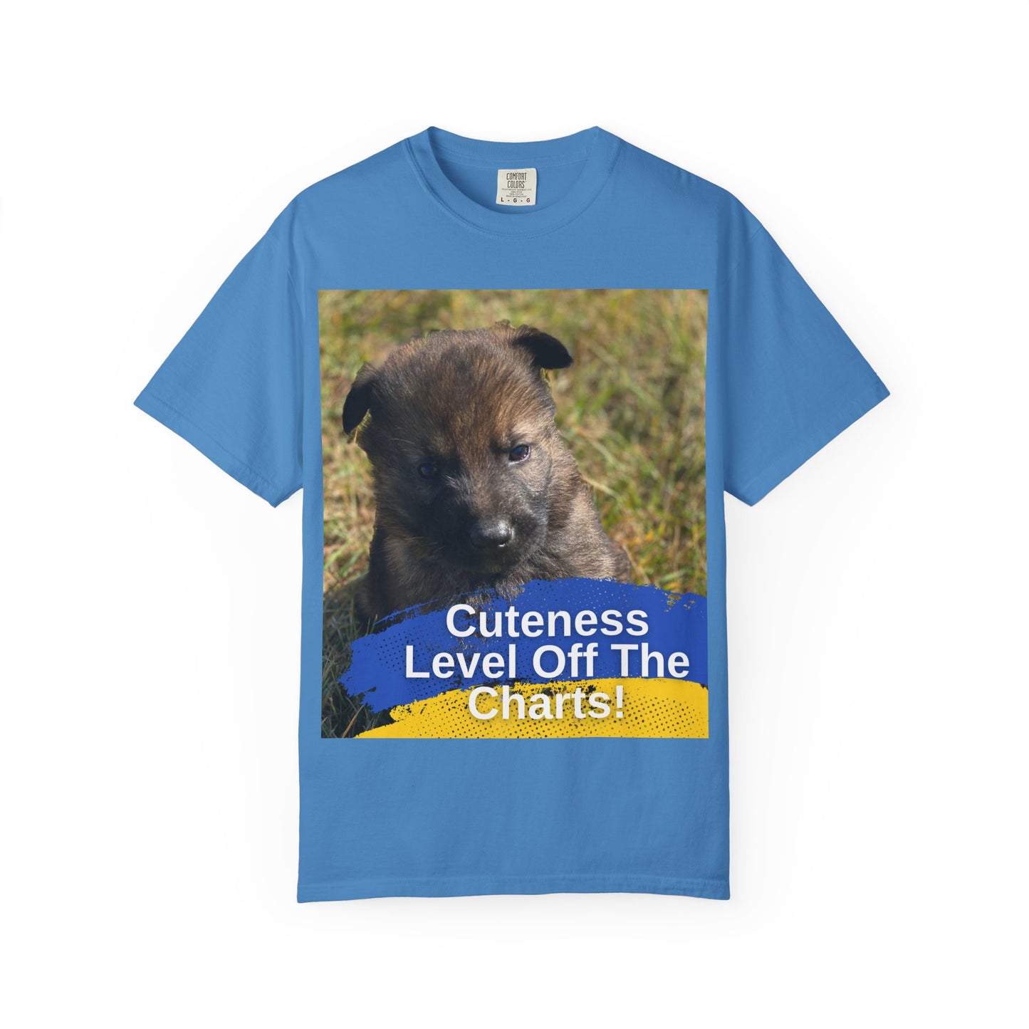 Unisex Dog Lover T-Shirt Featuring a German Shepherd Puppy and Caption Cuteness Level Off The Charts