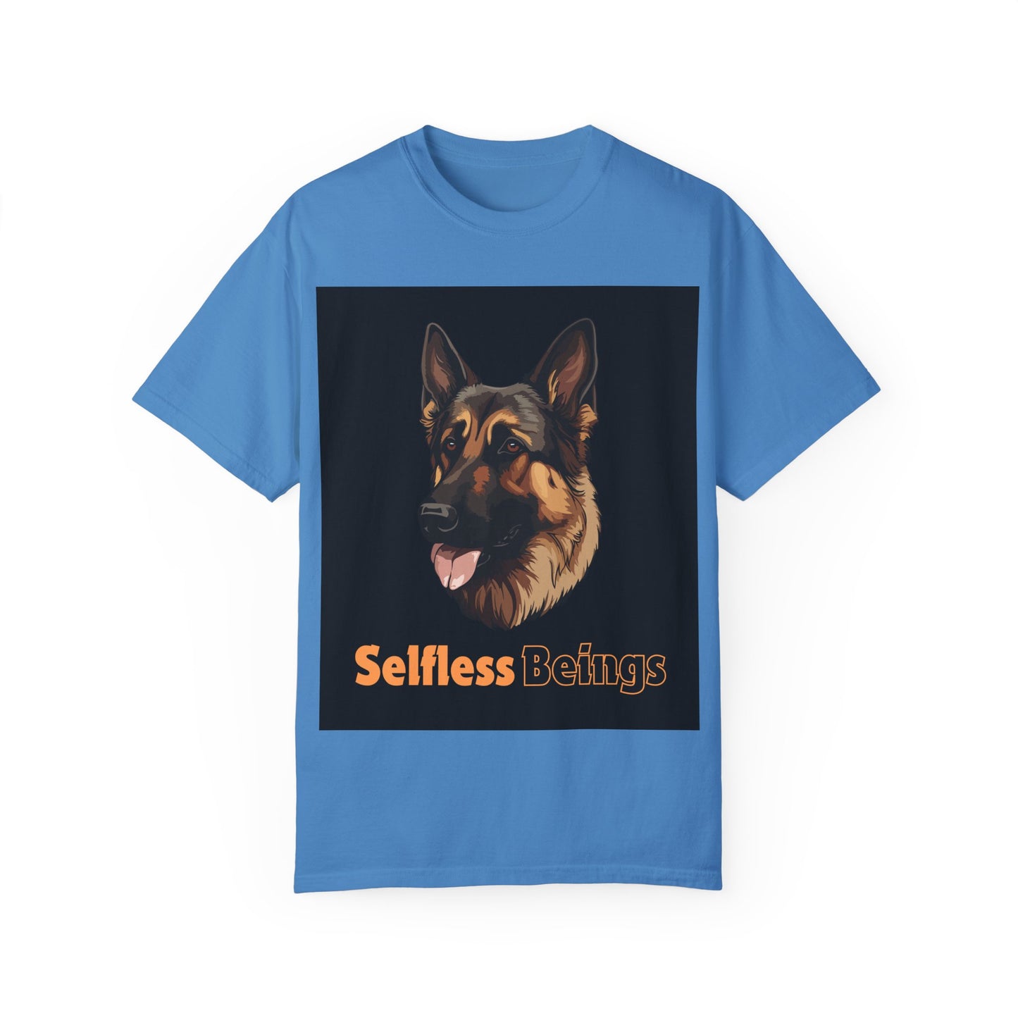 Unisex Dog Lover T-Shirt With Close Up Graphic of German Shepherd and Caption Selfless Beings is Written with Text Effect in Light Orange