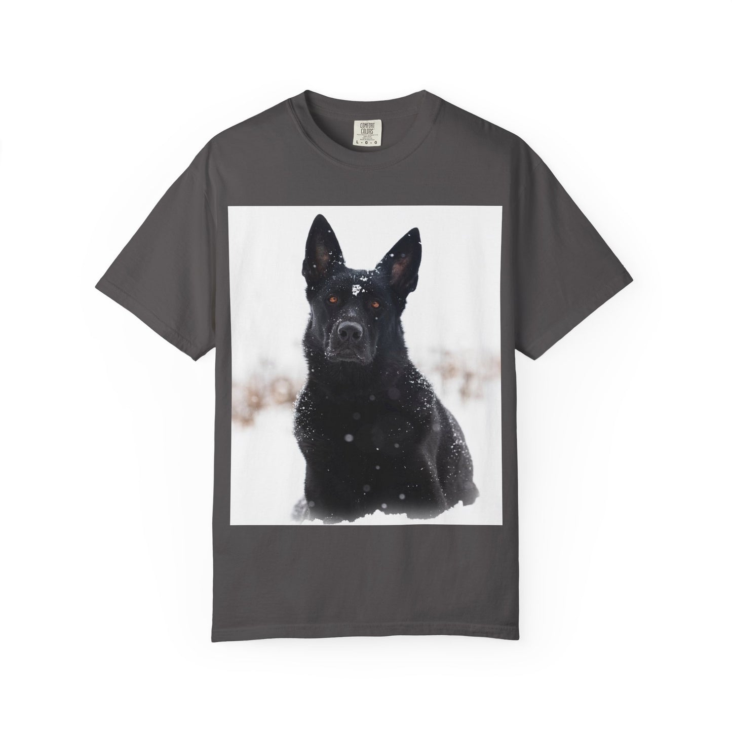 Unisex Dog Lover T-Shirt Featuring a Giant Black Working Line German Shepherd in the Snow