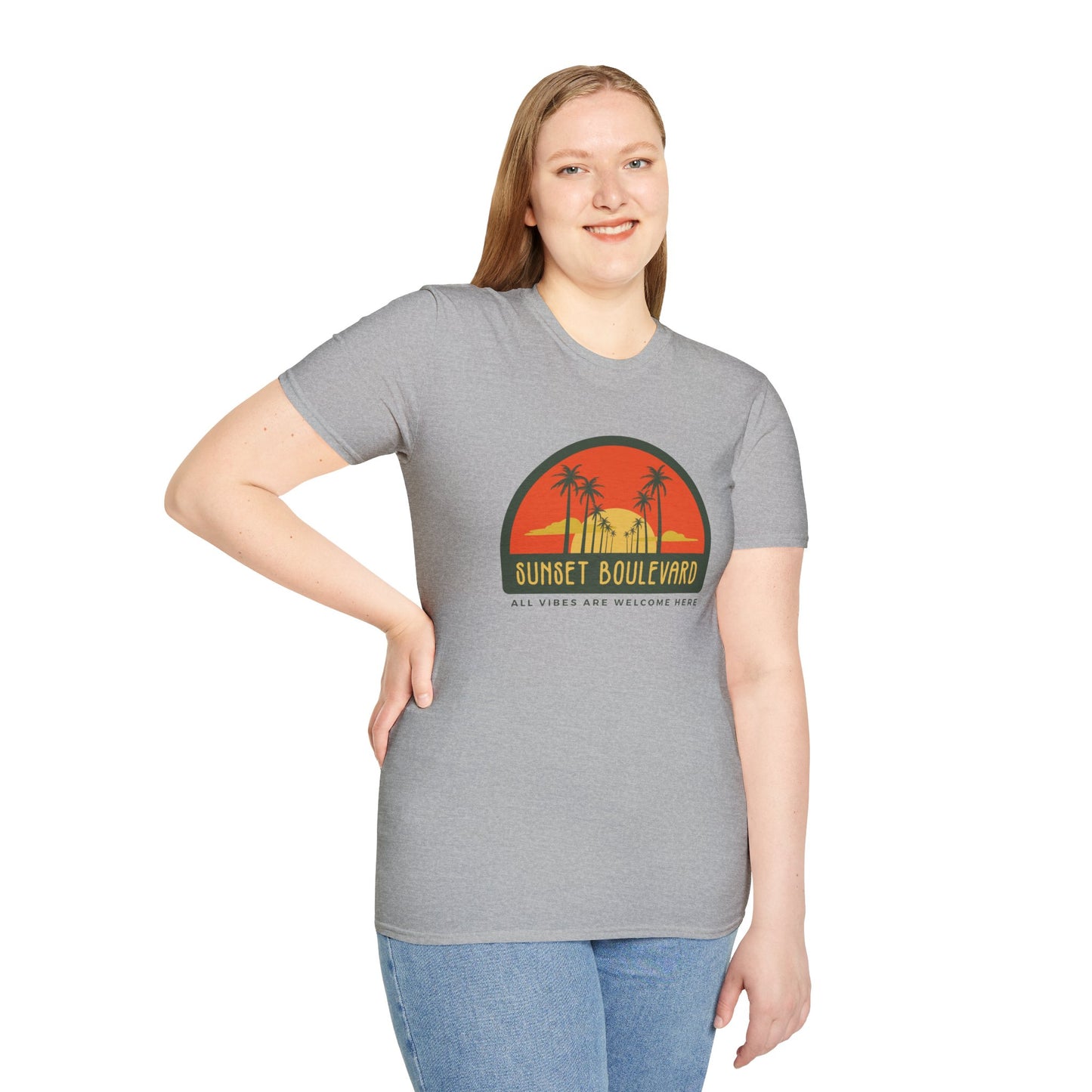 Sunset Boulevard Unisex Softstyle T-Shirt, Retro Beach Tee, Vacation Shirt, Summer Apparel, Travel Gift