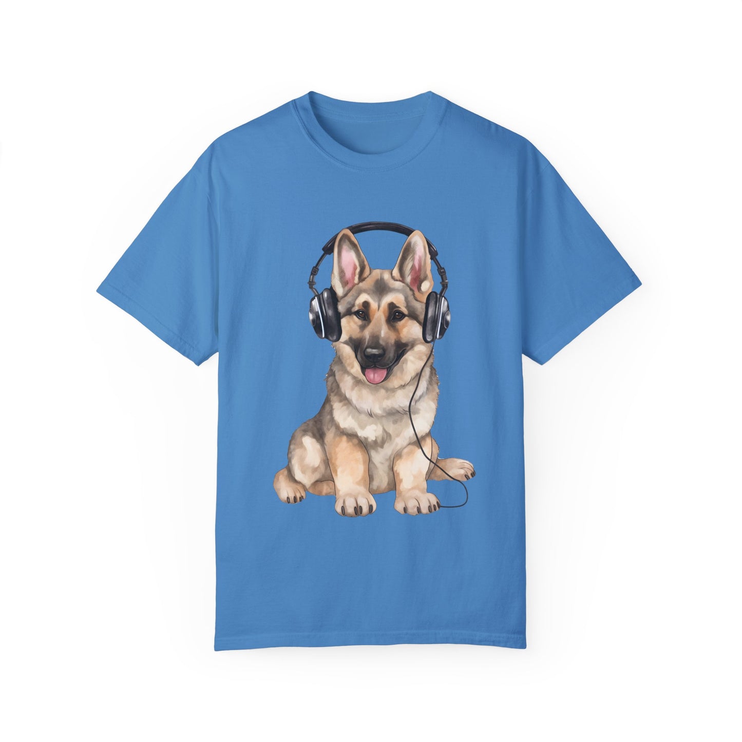 Unisex Dog Lover T-Shirt With a Graphic of German Shepherd Wearing Headphones Enjoying Music