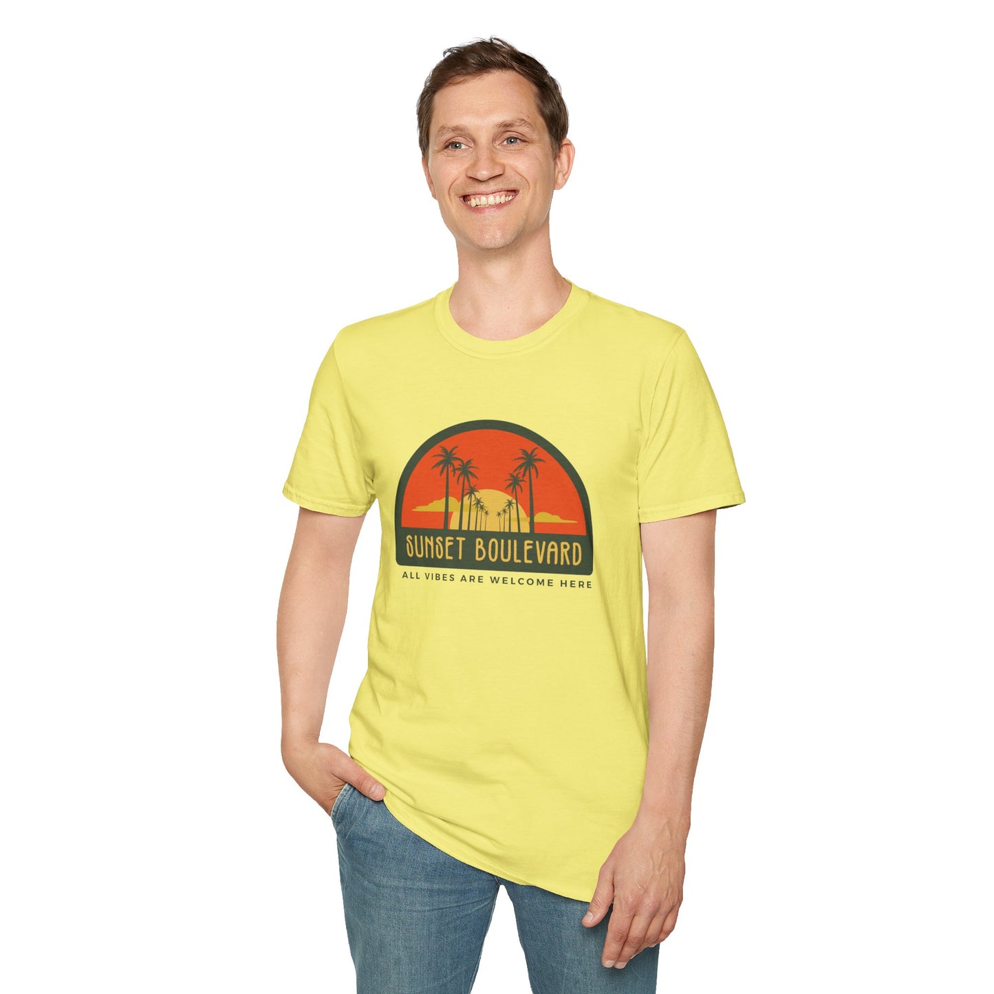 Sunset Boulevard Unisex Softstyle T-Shirt, Retro Beach Tee, Vacation Shirt, Summer Apparel, Travel Gift