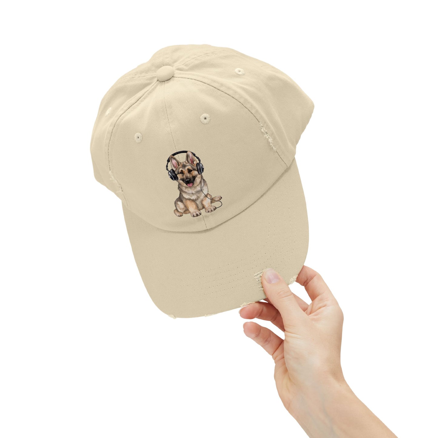 Distressed Dog Cap with German Shepherd Wearing Headphones | Pet Lover Gift | Adjustable Cap