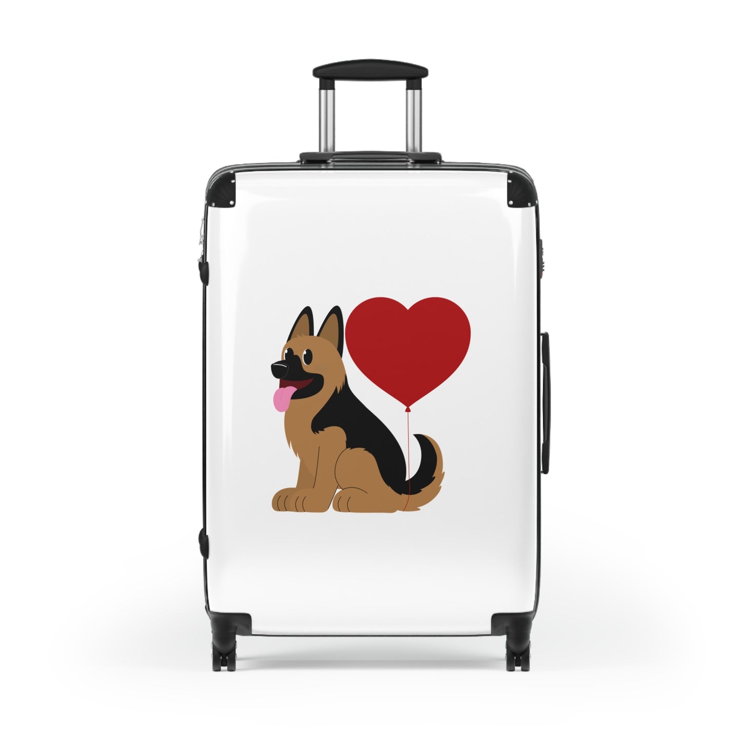Dog Lover's Suitcase Featuring Graphic of a German Shepherd Puppy and Heart Shaped Balloon Attached to Tail