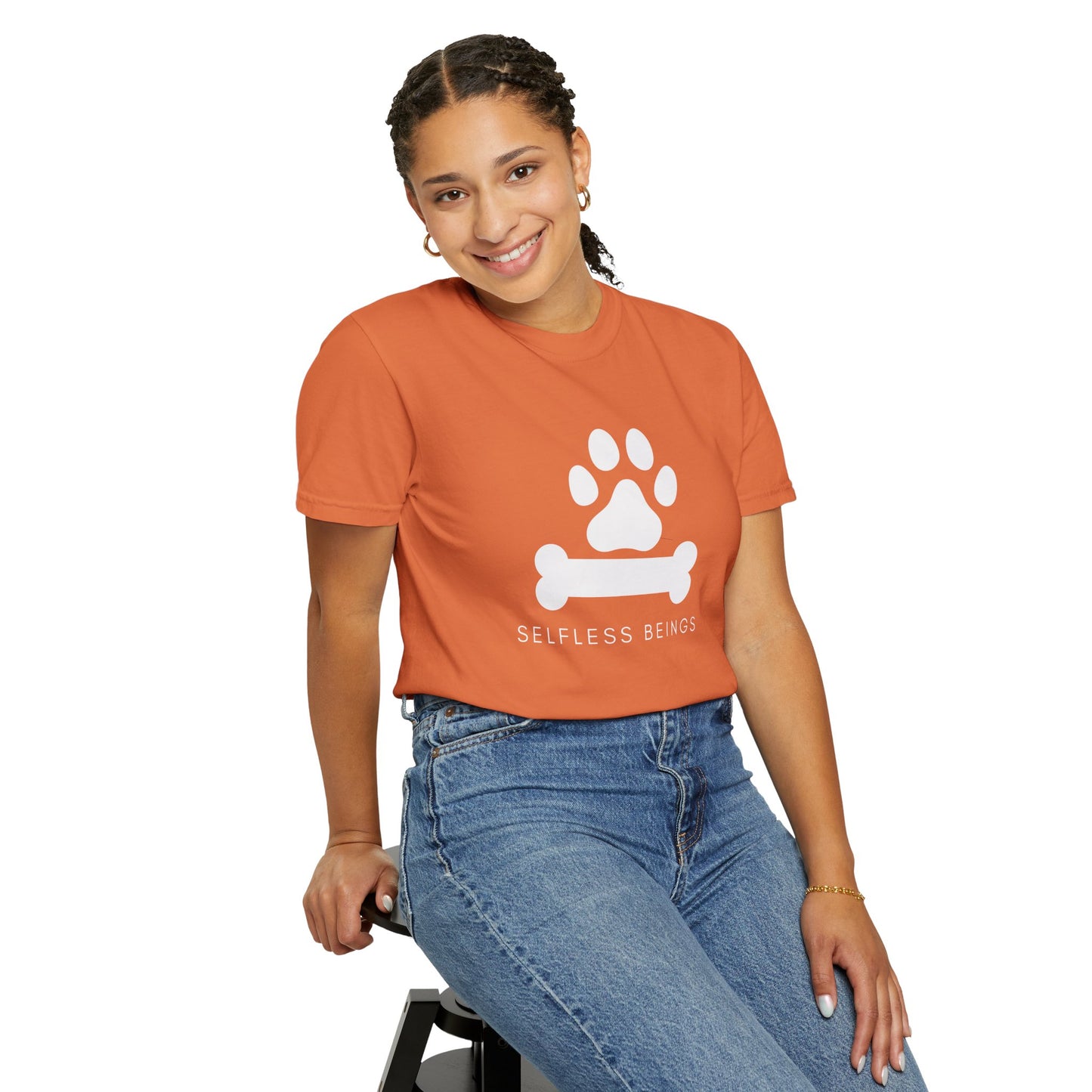 Unisex Dog Lover T-Shirt With Graphic of Dog Bone and Paw and Caption Selfless Beings