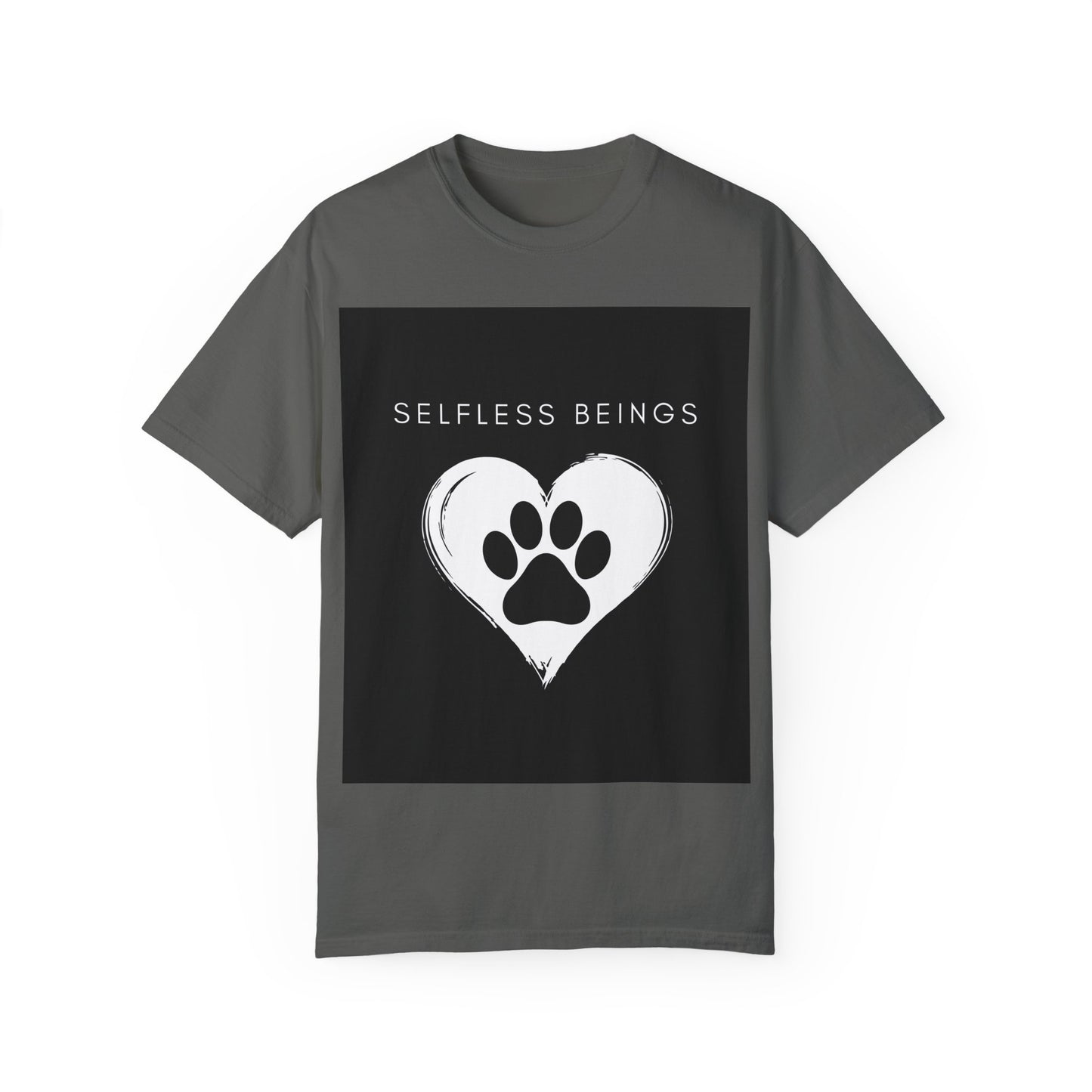 Unisex Dog Lover T-Shirt With Black Paw Print of a Dog Inside a White Heart and Caption Selfless Beings