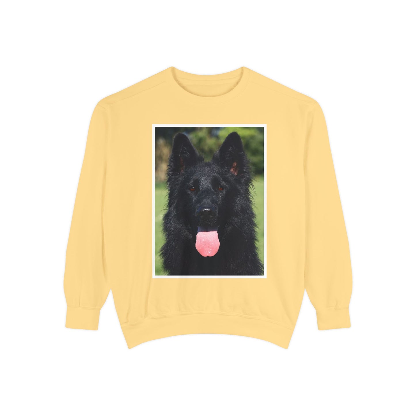 Unisex Dog Lover Sweatshirt With a Close Up of Solid Black German Shepherd Leaving Hanging Tongue