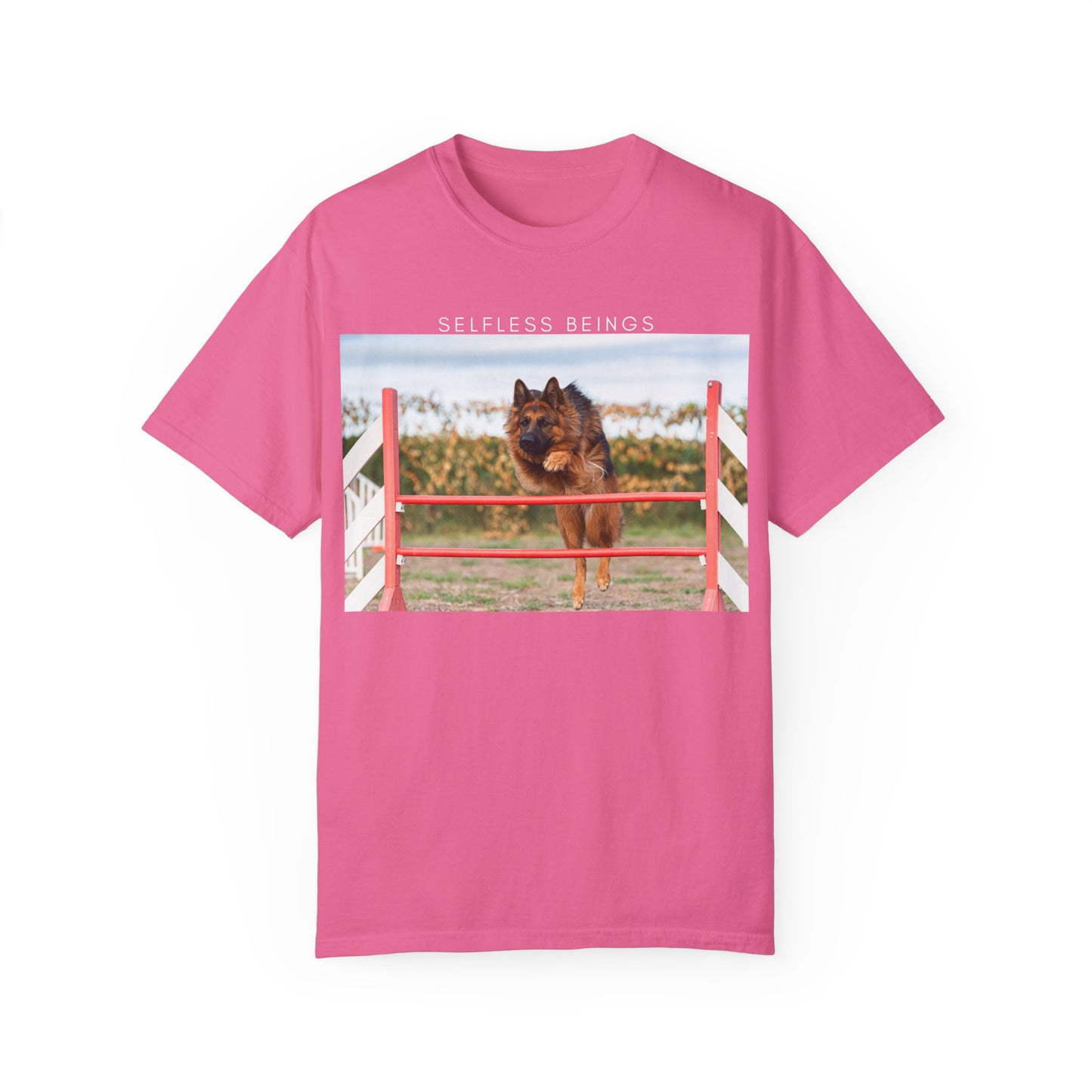 Unisex Dog Lover T-Shirt With a German Shepherd Jumping an Agility Fence Outdoor and Caption Selfless Beings