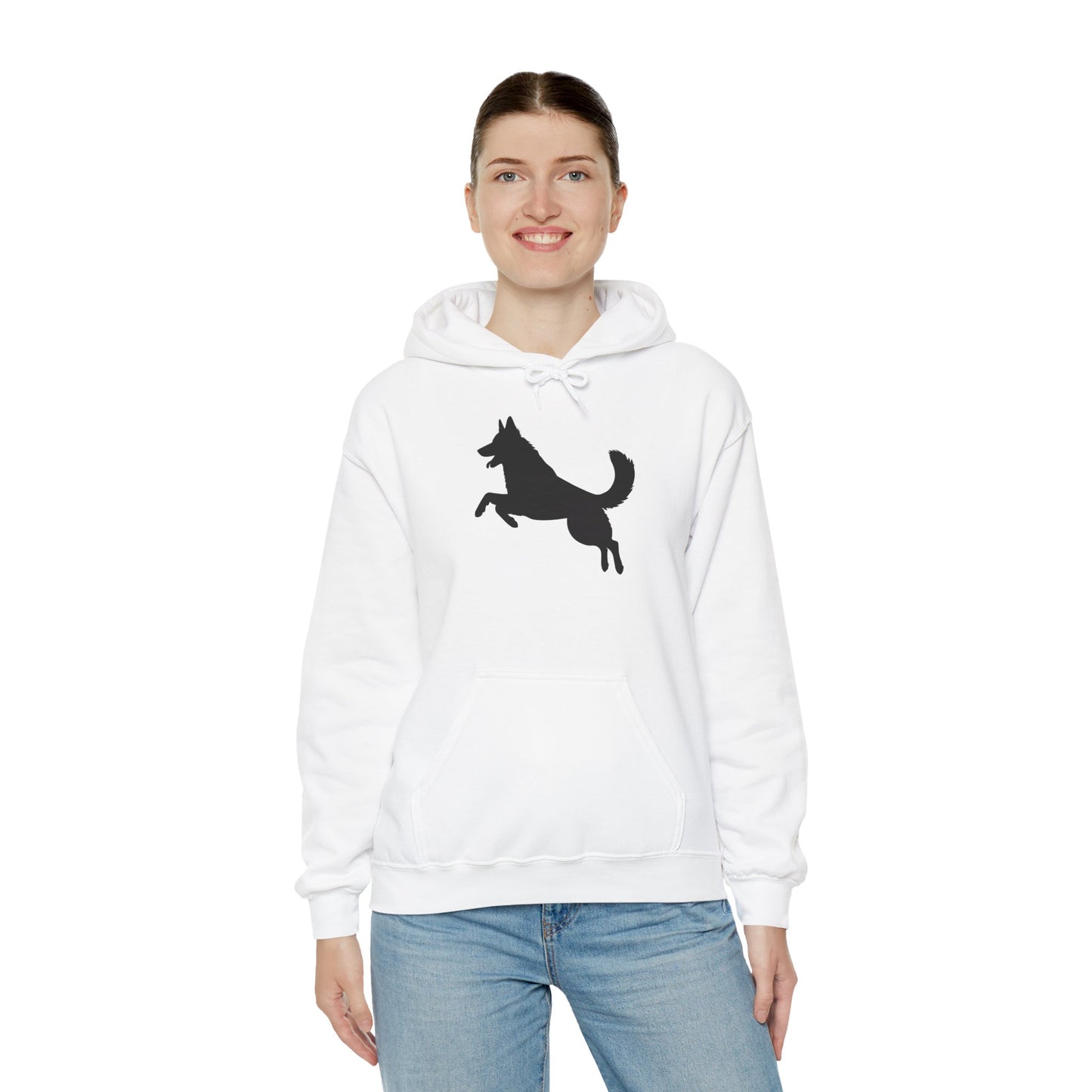 Unisex Dog Lover Hoodie With a Graphic of Solid Black German Shepherd Jumping in the Air