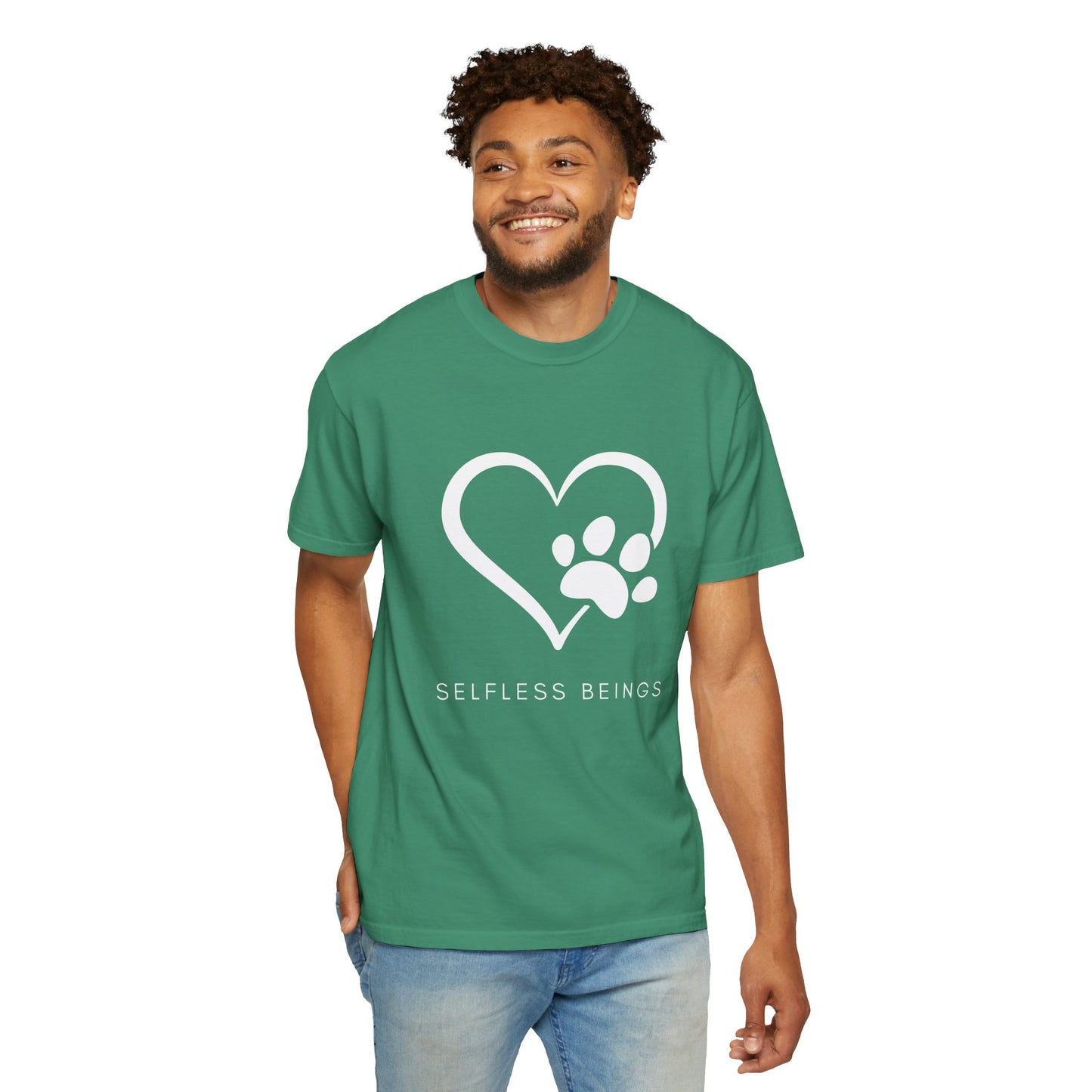Unisex Dog Lover T-Shirt With Graphic of Heart Whose Right Side Contains Dog Paw's Print and Caption Selfless Beings