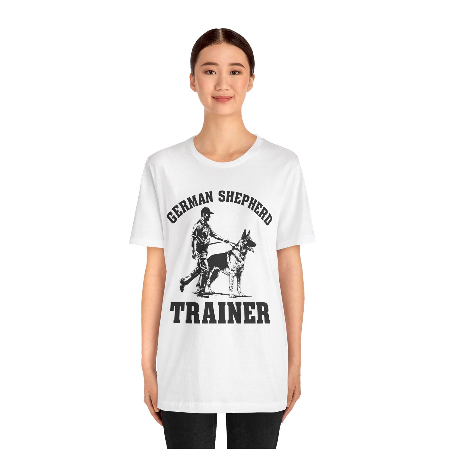 German Shepherd Trainer Tee - Black and White Design of Man Holding a German Shepherd