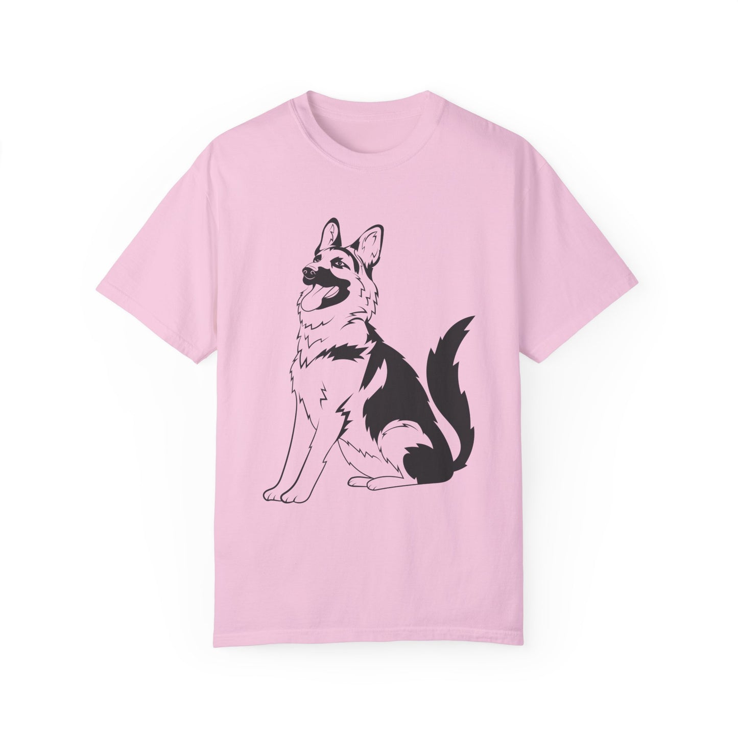 Unisex Dog Lover T-Shirt With a Graphic of Black and Transparent German Shepherd Sloppily Sitting