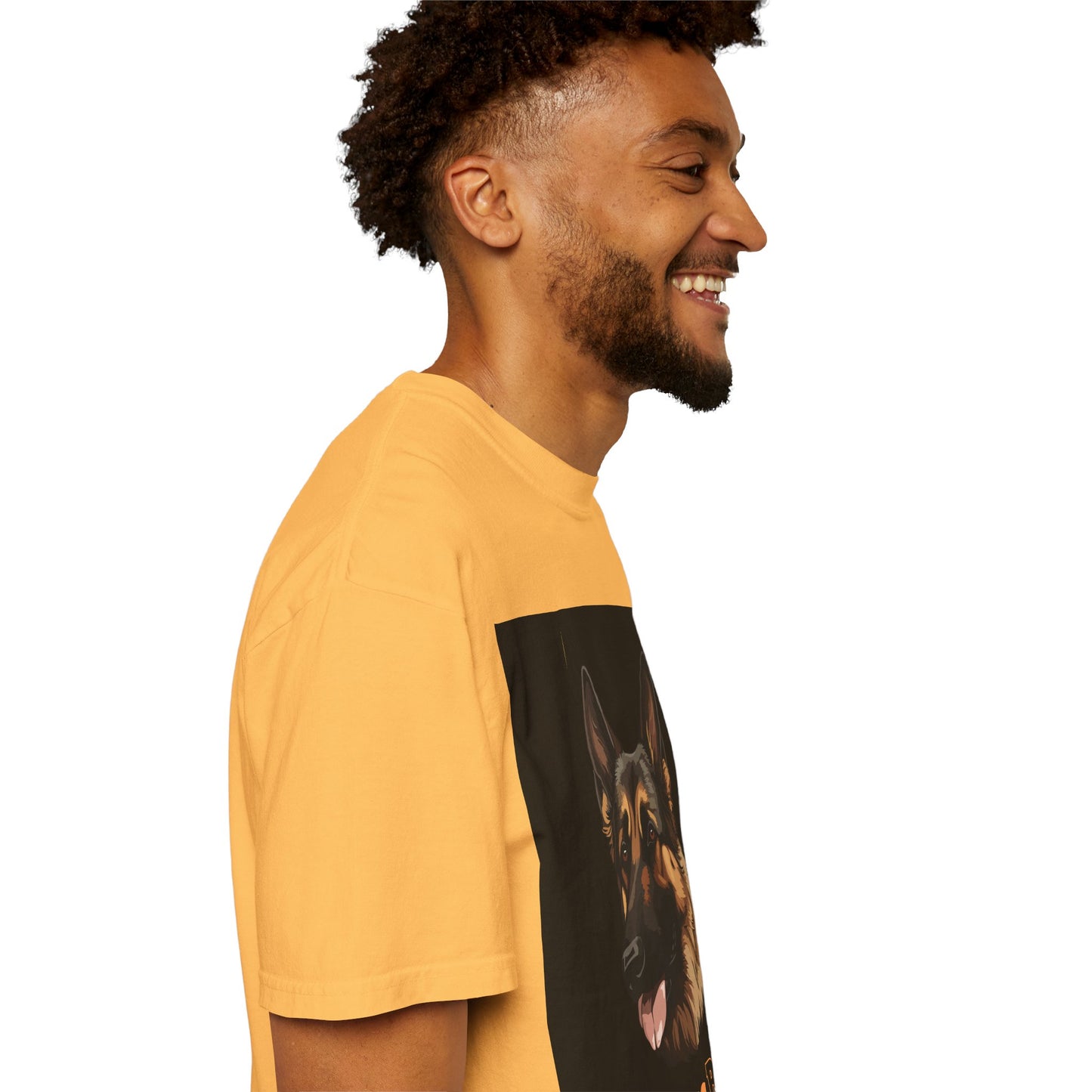 Unisex Dog Lover T-Shirt With Close Up Graphic of German Shepherd and Caption Selfless Beings is Written with Text Effect in Light Orange