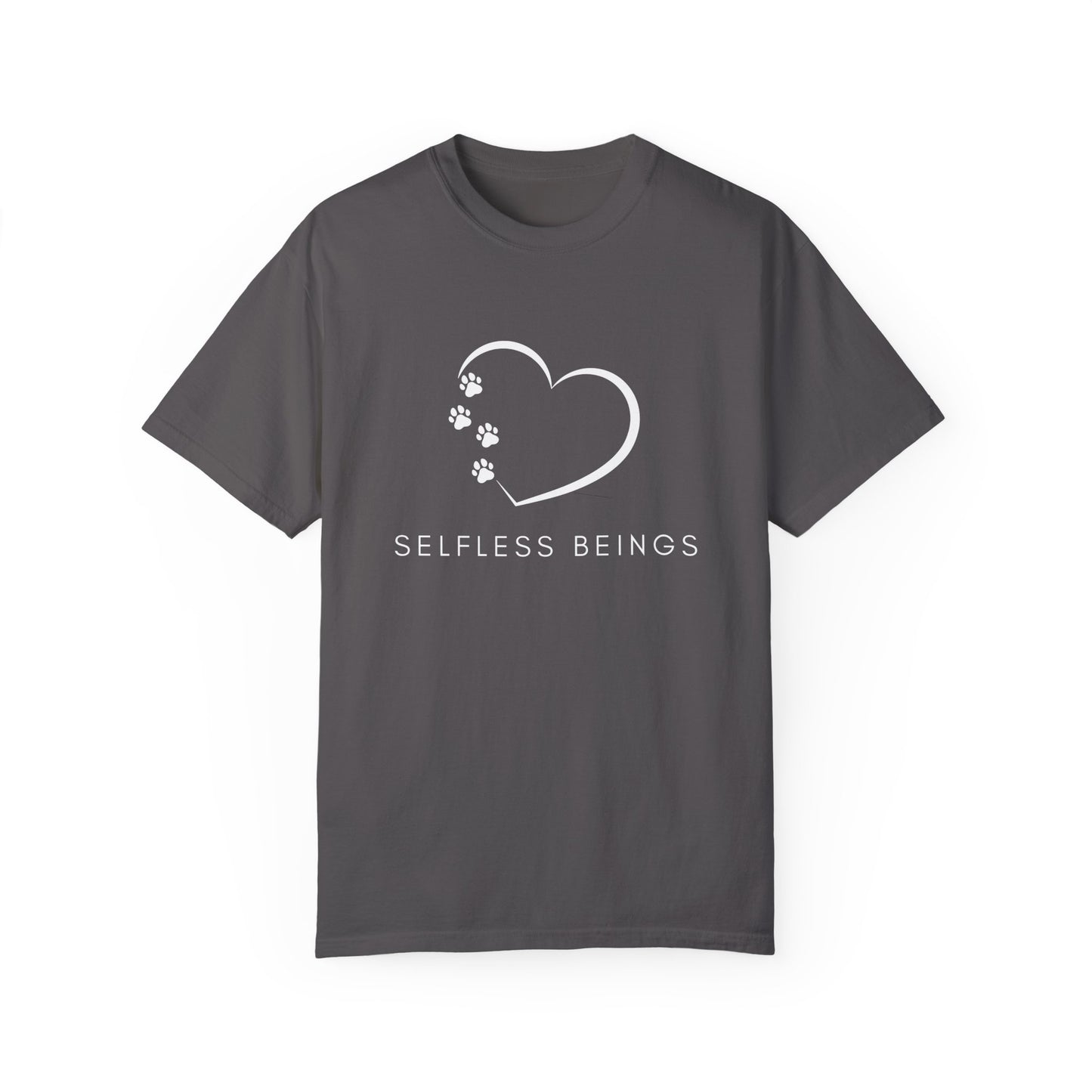 Unisex Dog Lover T-Shirt With White Tilted Heart Whose One Side is Made With Dog Paw Prints and Caption Selfless Beings