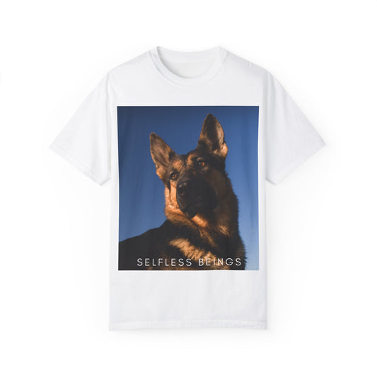 Unisex Dog Lover T-shirt With Close Up Portrait of Giant German Shepherd Turning His Head and Caption Selfless Beings