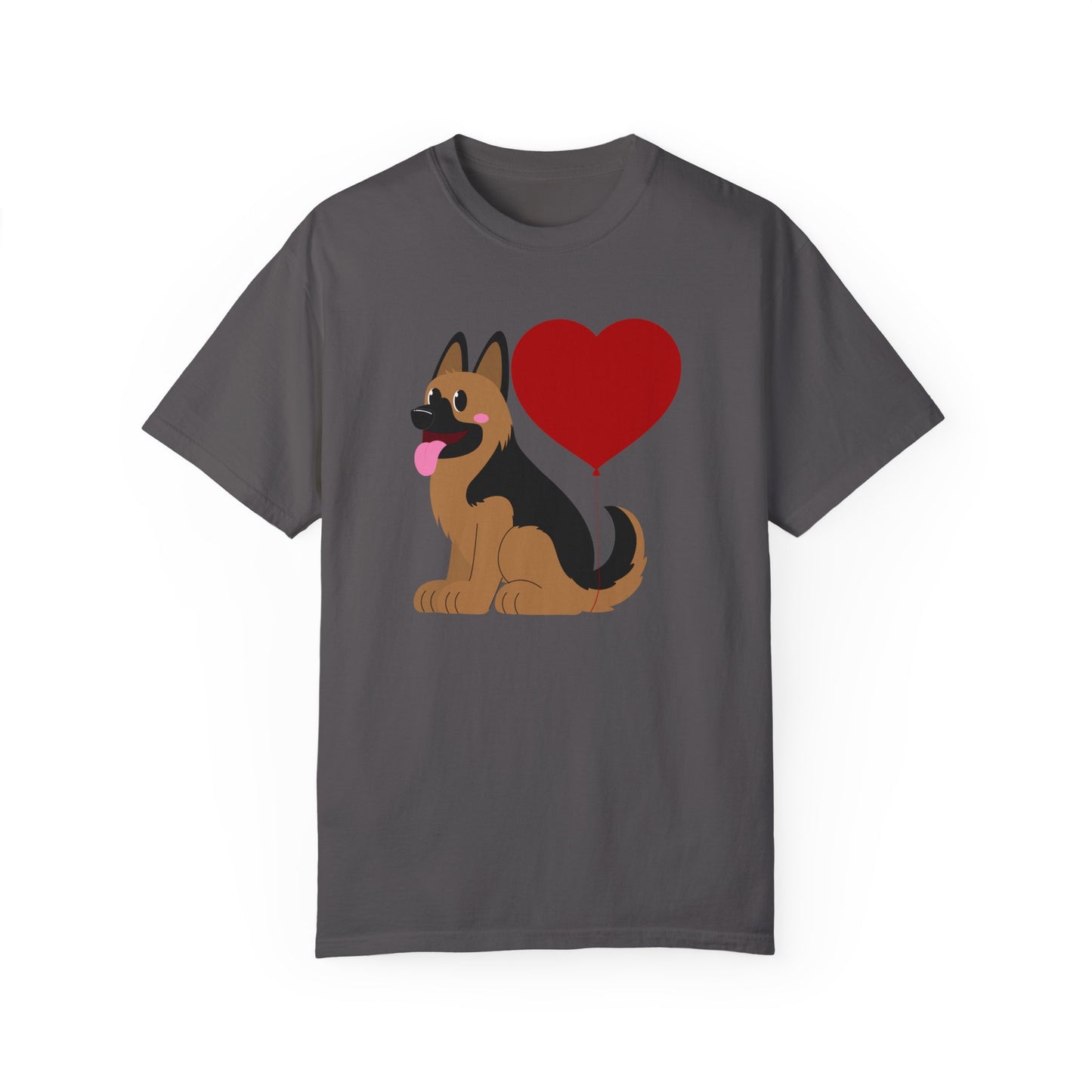 Unisex Dog Lover T-Shirt With a Graphic of German Shepherd Puppy and Heart Shaped Balloon Attached With Tail