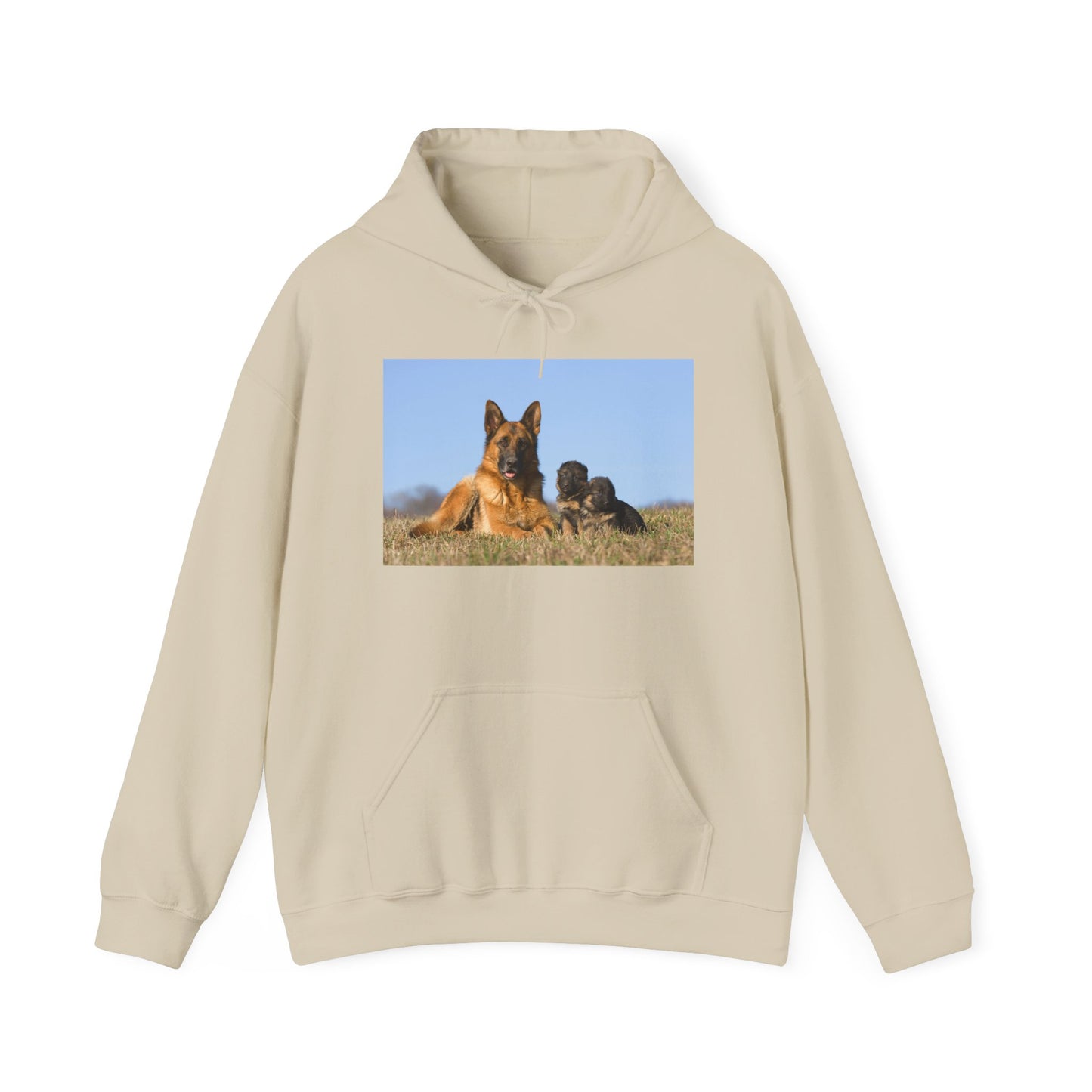 A Unisex Dog Lover Hoodie With a German Shepherd Lying on the Grass With Two Puppies