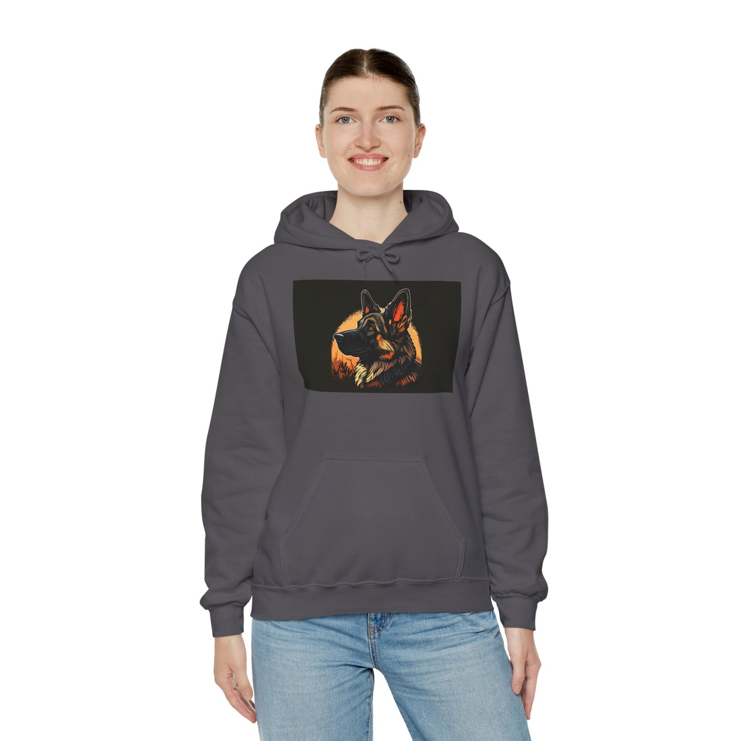 Unisex Dog Lover Hoodie With a Close Up Graphic of a German Shepherd In Front of Moon
