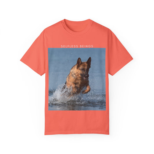 Unisex Dog Lover T-Shirt With Showline German Shepherd Swimming in the Sea and Caption Selfless Beings on Top