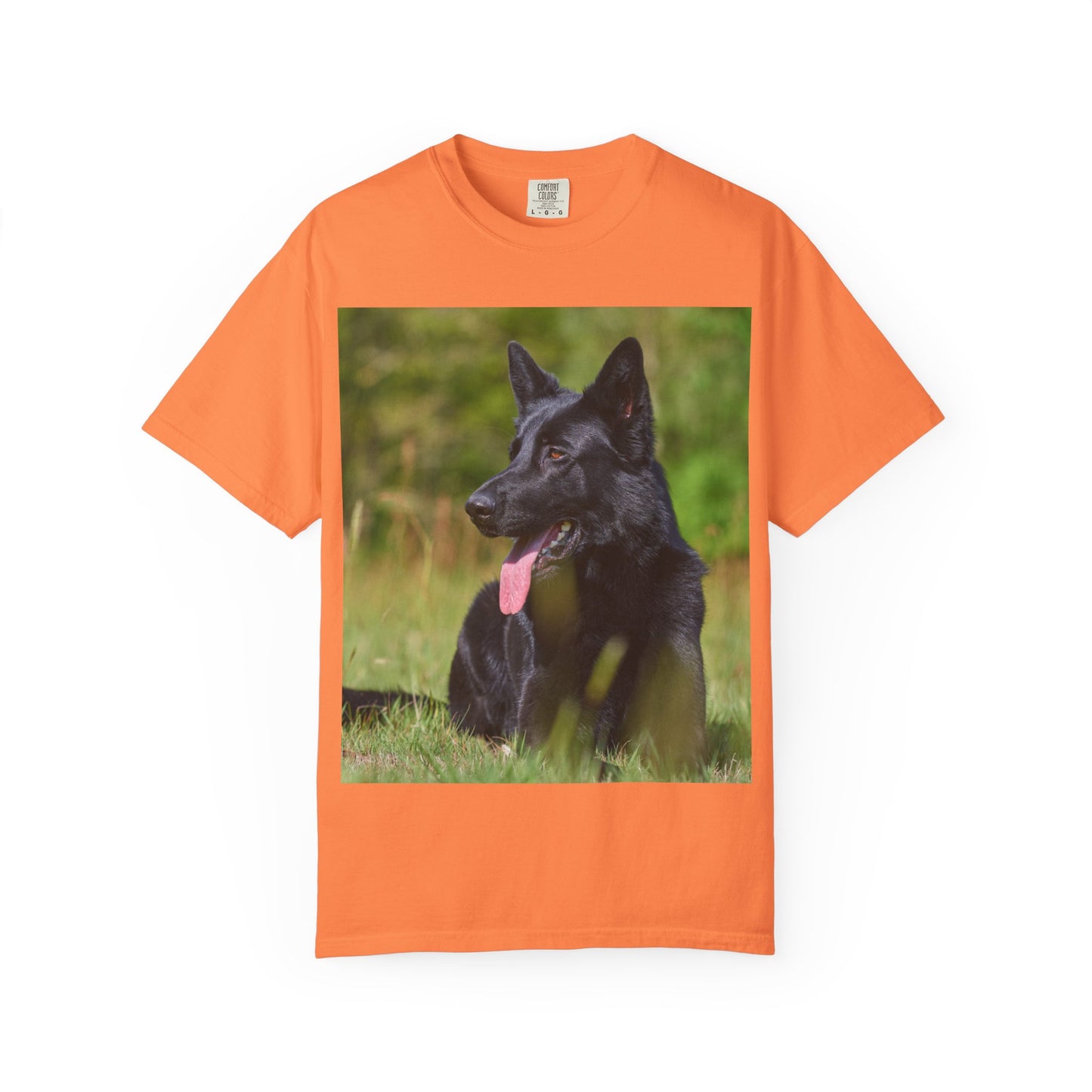 Unisex Garment-Dyed T-Shirt Featuring a Black German Shepherd Resting on Grass Looking Sideways