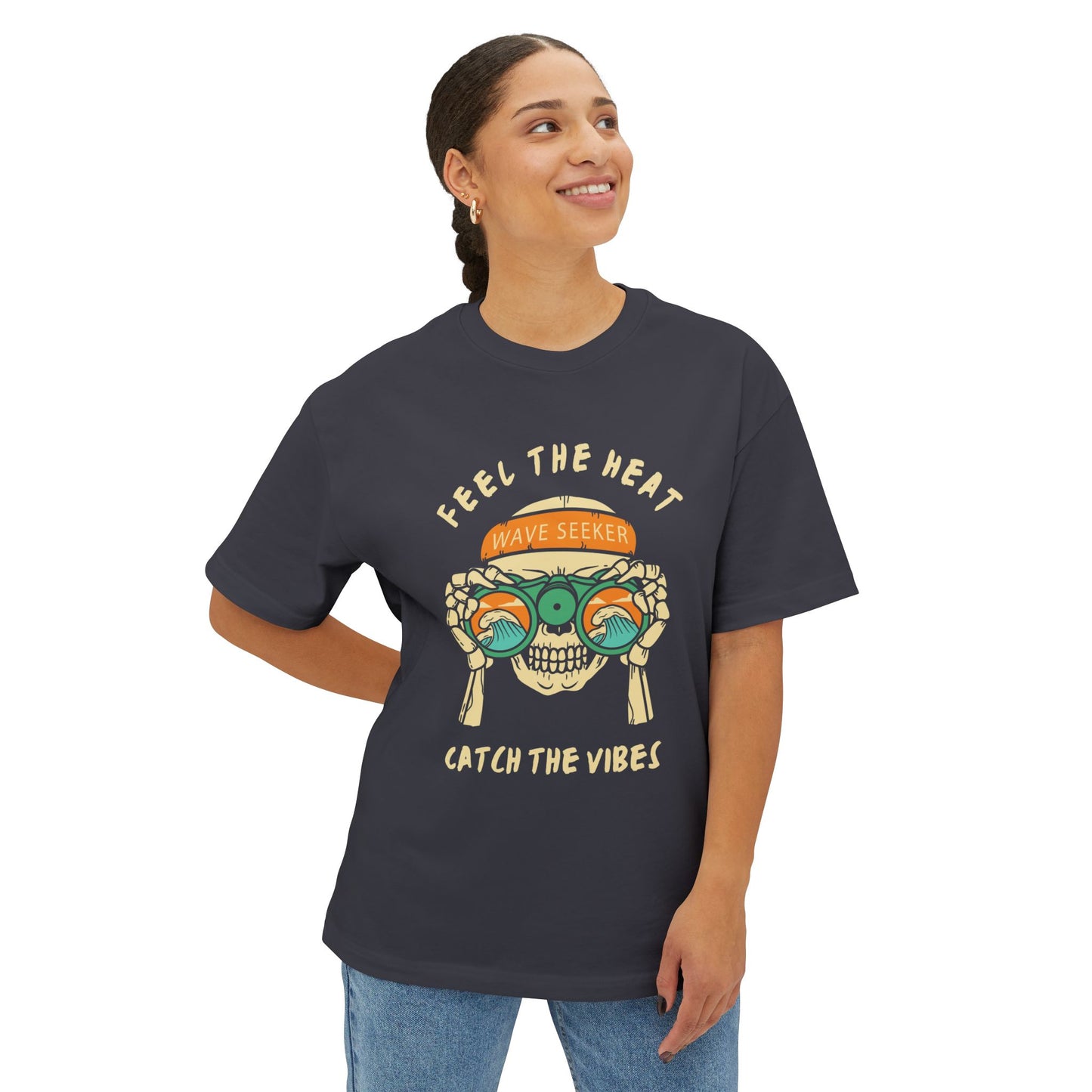 Feel The Heat Catch the Vibes Boxy Tee | Unisex Oversized T-Shirt, Beachwear, Surfing Apparel, Summer Tees, Gifts for Wave Seekers