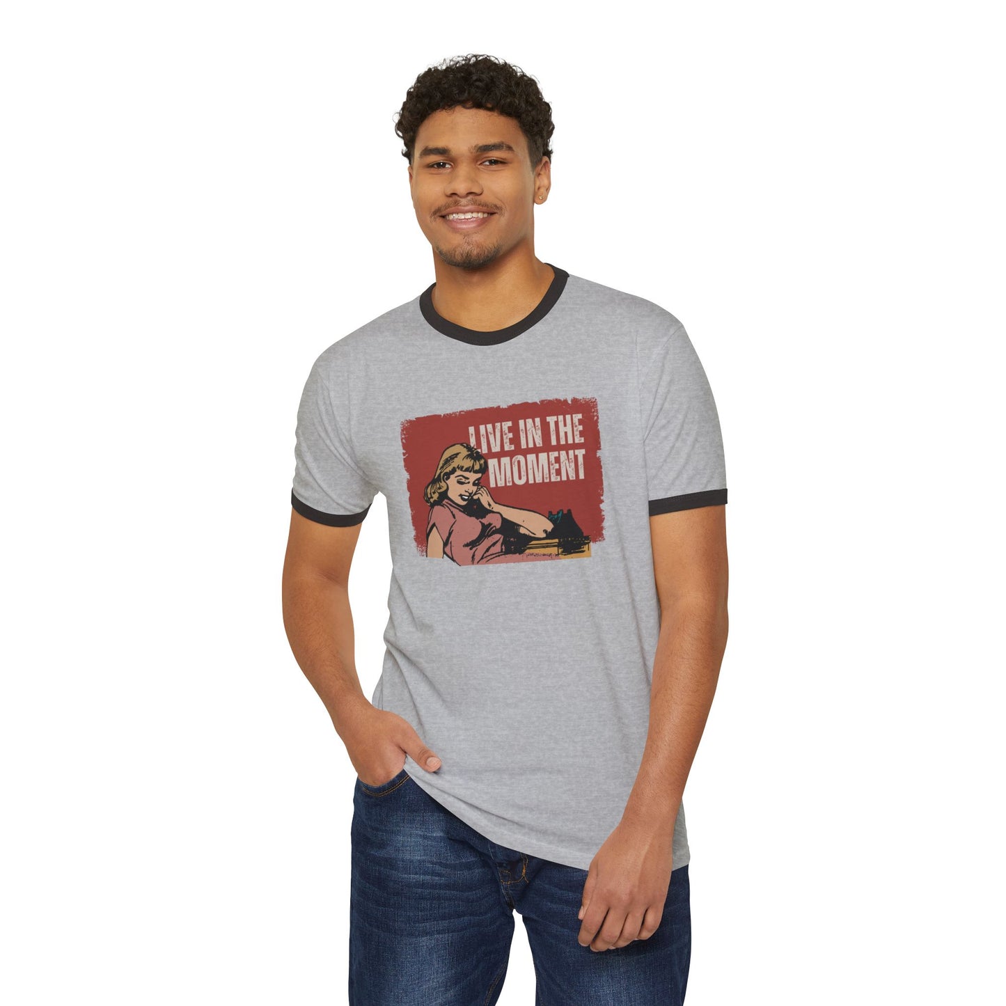 Live in the Moment Unisex Cotton Ringer T-Shirt, Retro Graphic Tee, Casual Wear, Gift for Her, Motivational Trendy Top