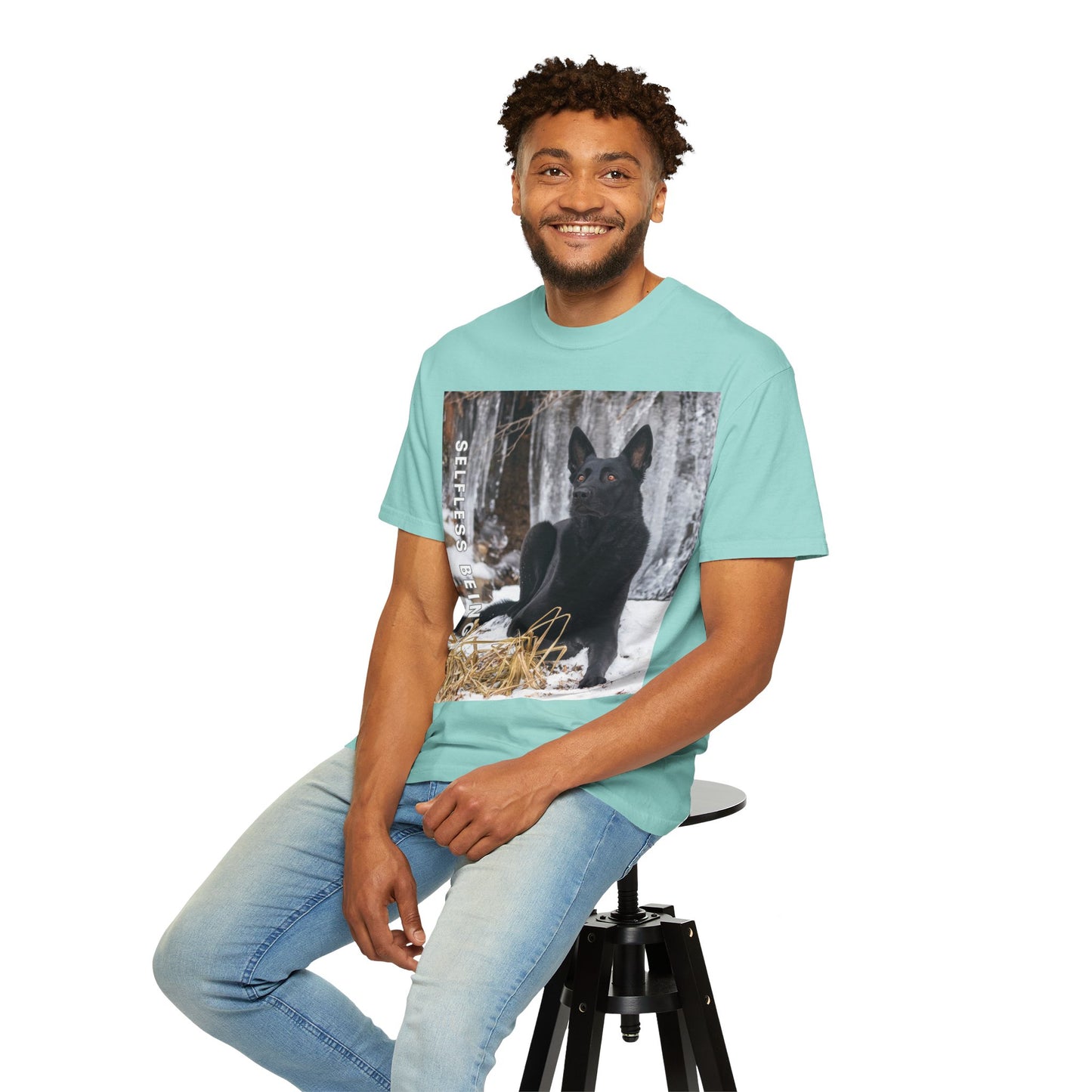 Unisex Dog Lover T-Shirt With Solid Black German Shepherd Sitting on the Snow, Ice Spikes in the Background and Caption Selfless Beings
