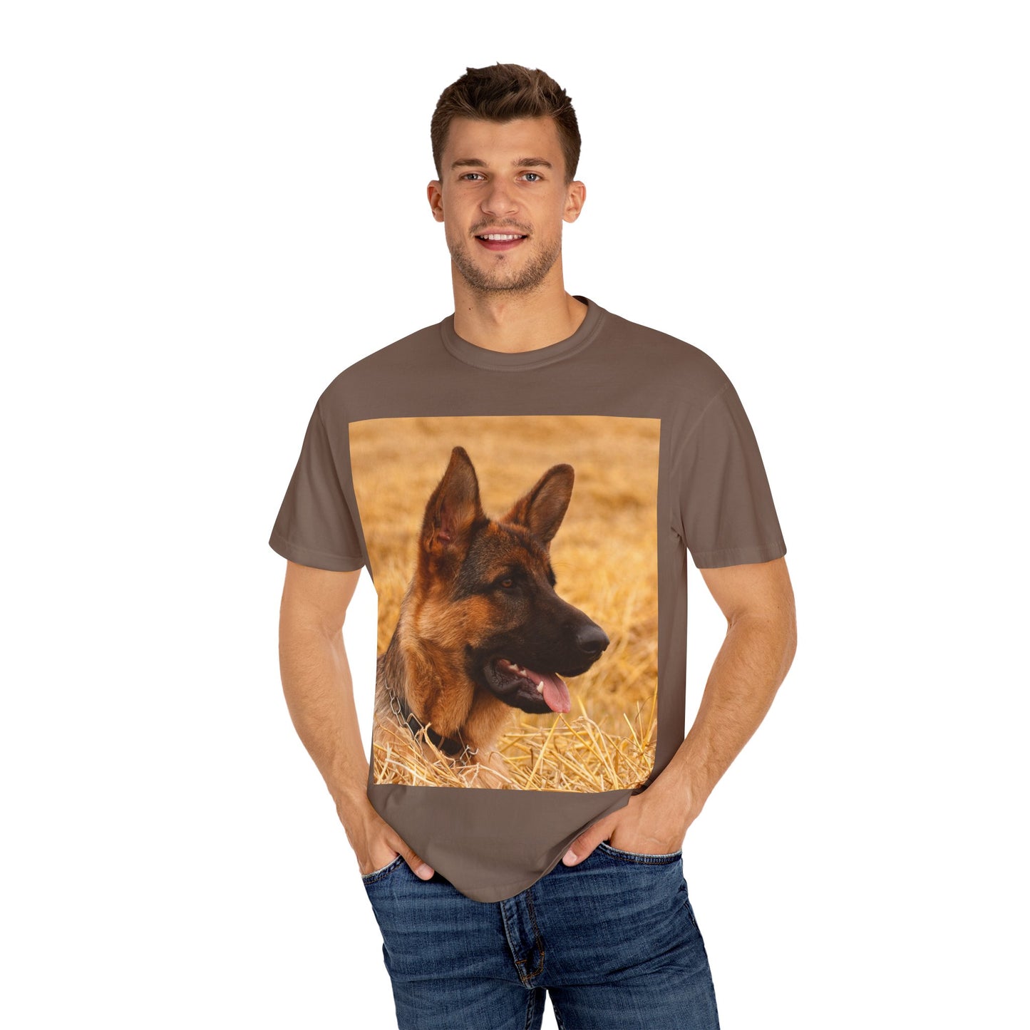 Unisex Dog Lovers T-Shirt Featuring German Shepherd Resting on the Dry Grass