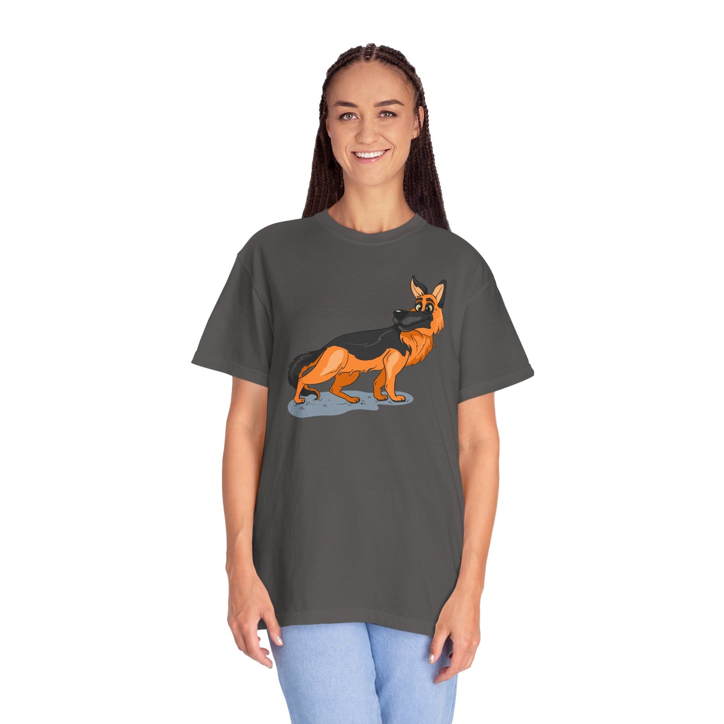 Unisex Dog Lover T-Shirt With a Cartoon of Astonished German Shepherd Turning His Head