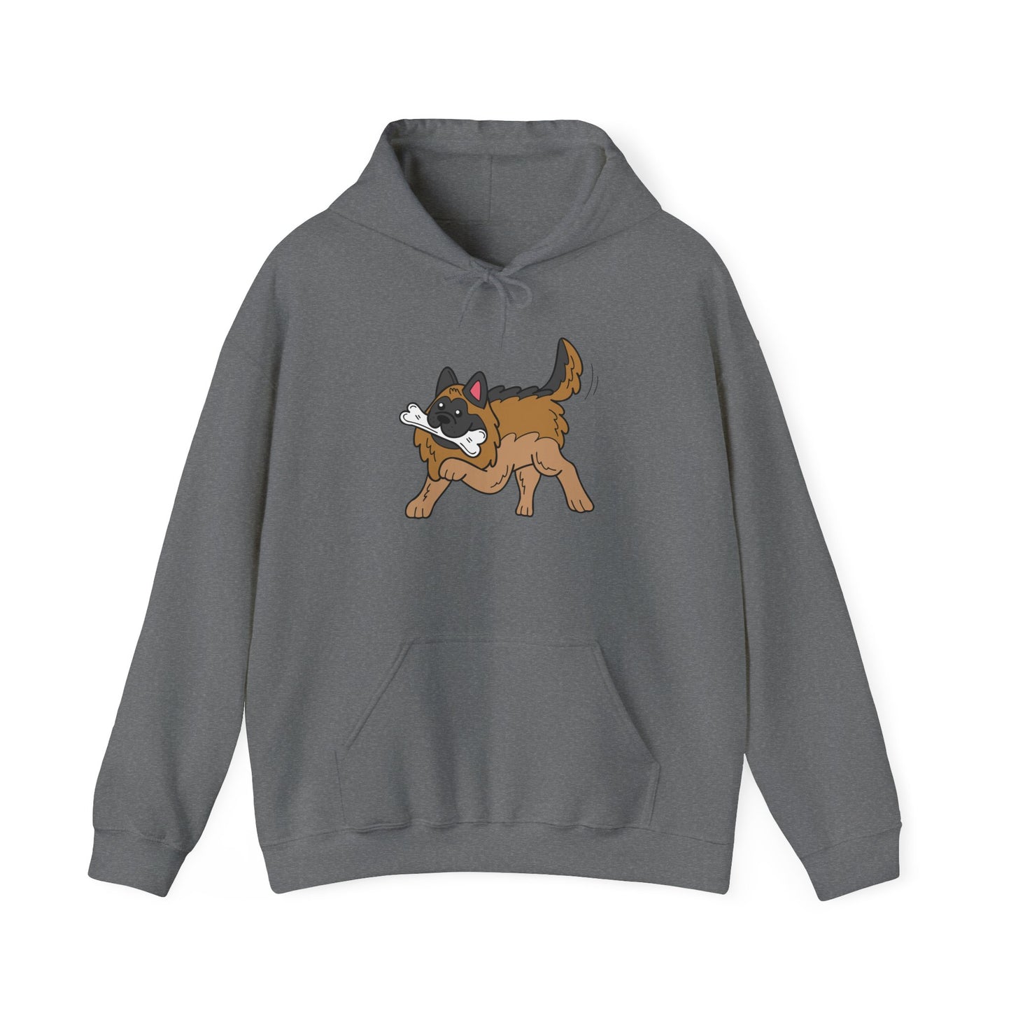 Unisex Dog Lover Hoodie With a Graphic of a German Shepherd Holding a White Bone in Mouth