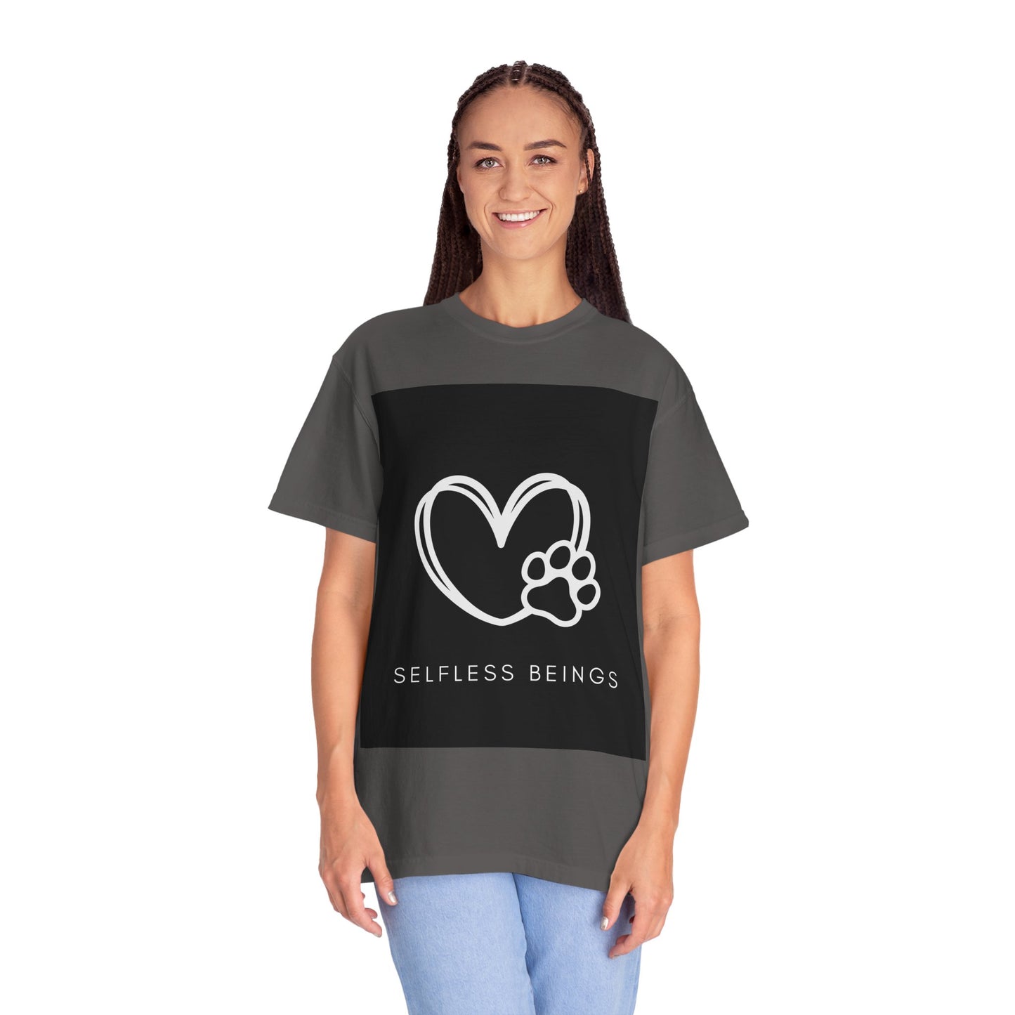 Unisex Dog Lover T-Shirt With White Heart and Dog's Paw Print on Right Side and Caption Selfless Beings