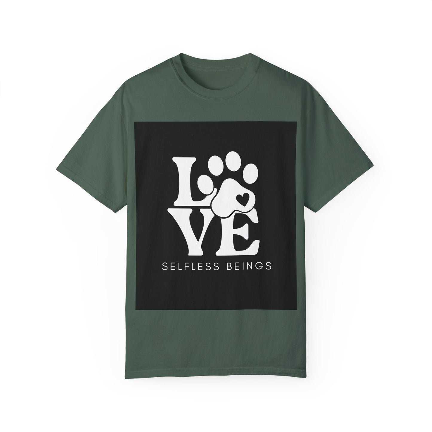 Unisex Dog Lover T-Shirt With Graphic of Love Dog-Paw and Caption Selfless Beings