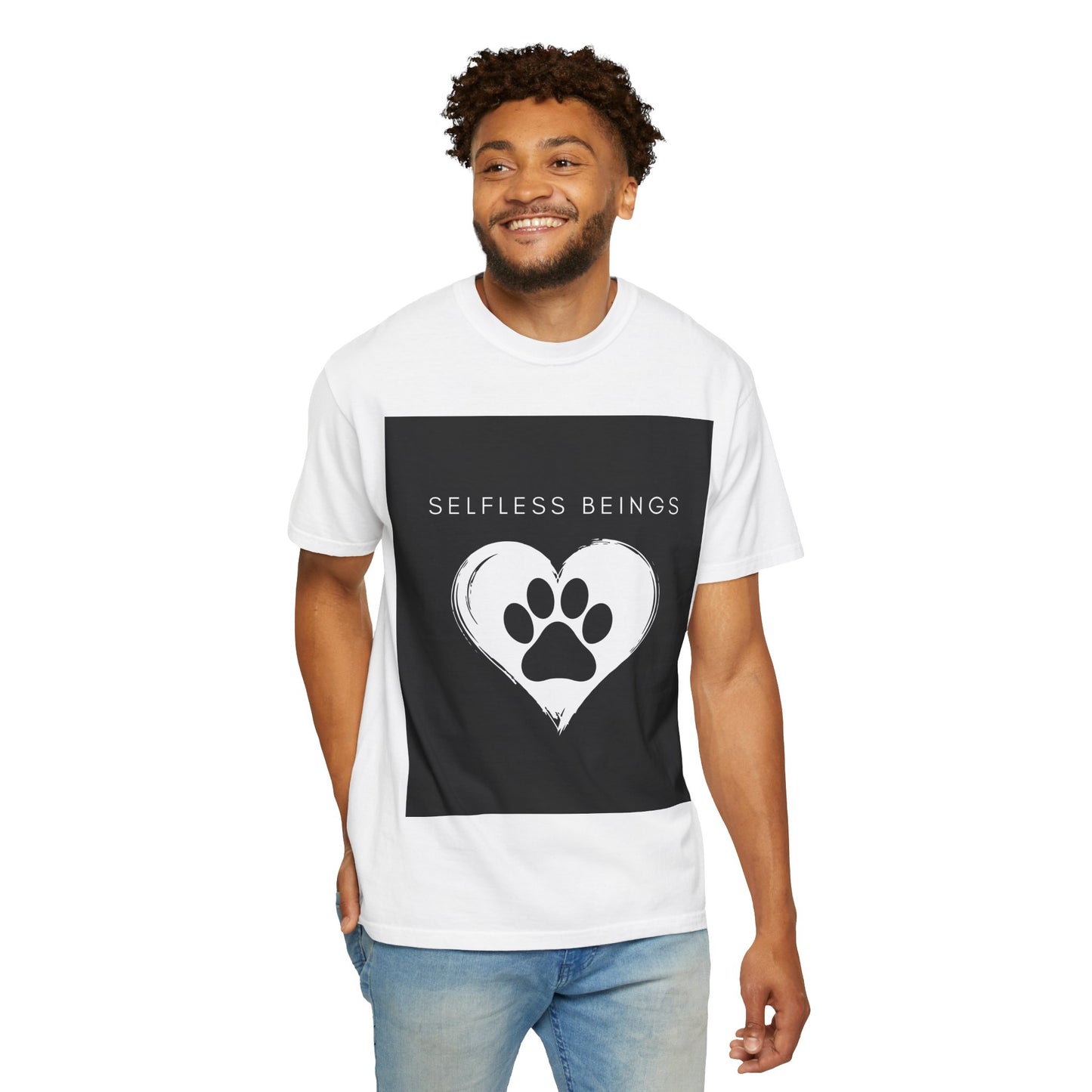 Unisex Dog Lover T-Shirt With Black Paw Print of a Dog Inside a White Heart and Caption Selfless Beings