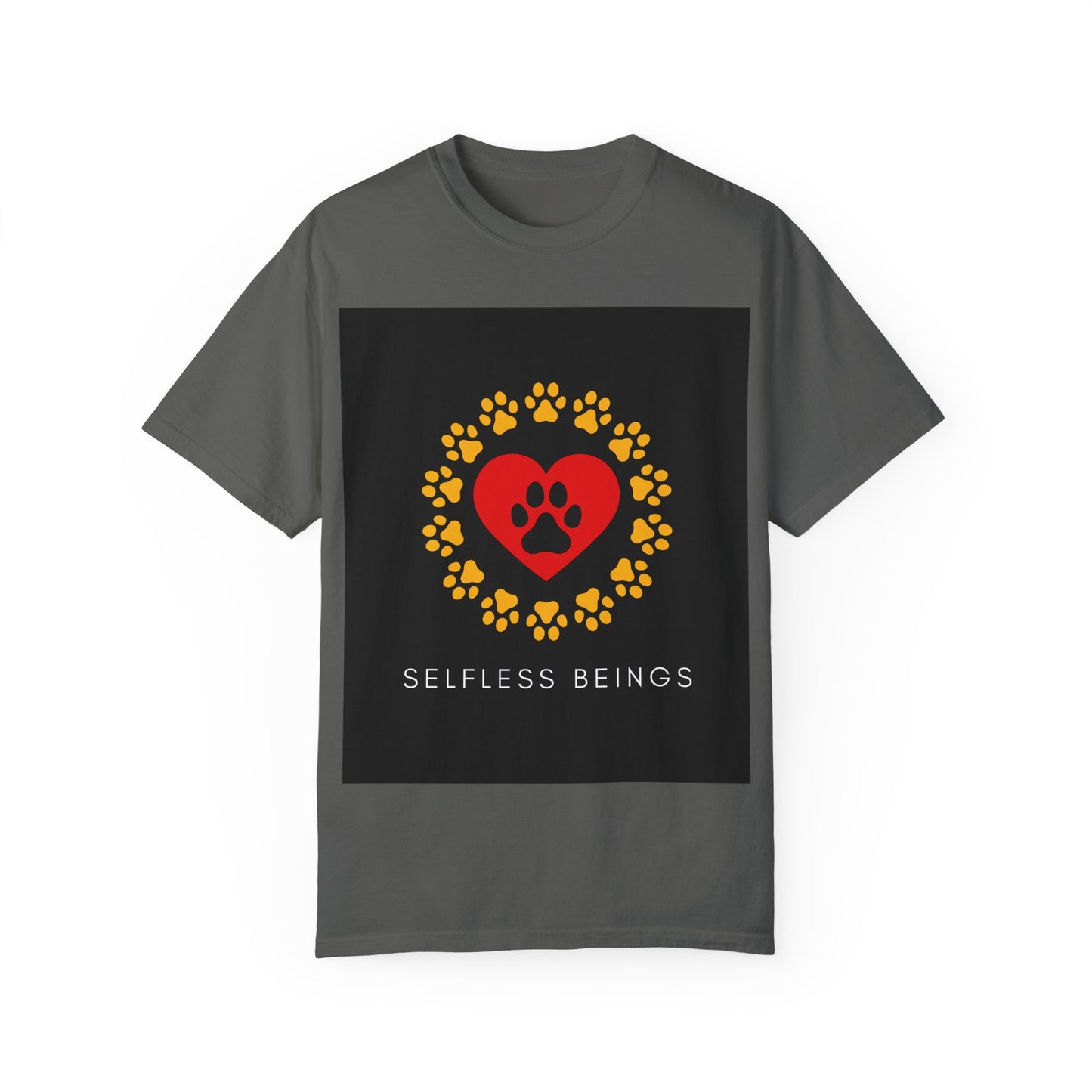 Unisex Dog Lover T-Shirt With Graphic of Yellow Paw Prints In Circle Contain Red Heart Which Contains Black Dog Paw Print Inside and Caption Selfless Beings
