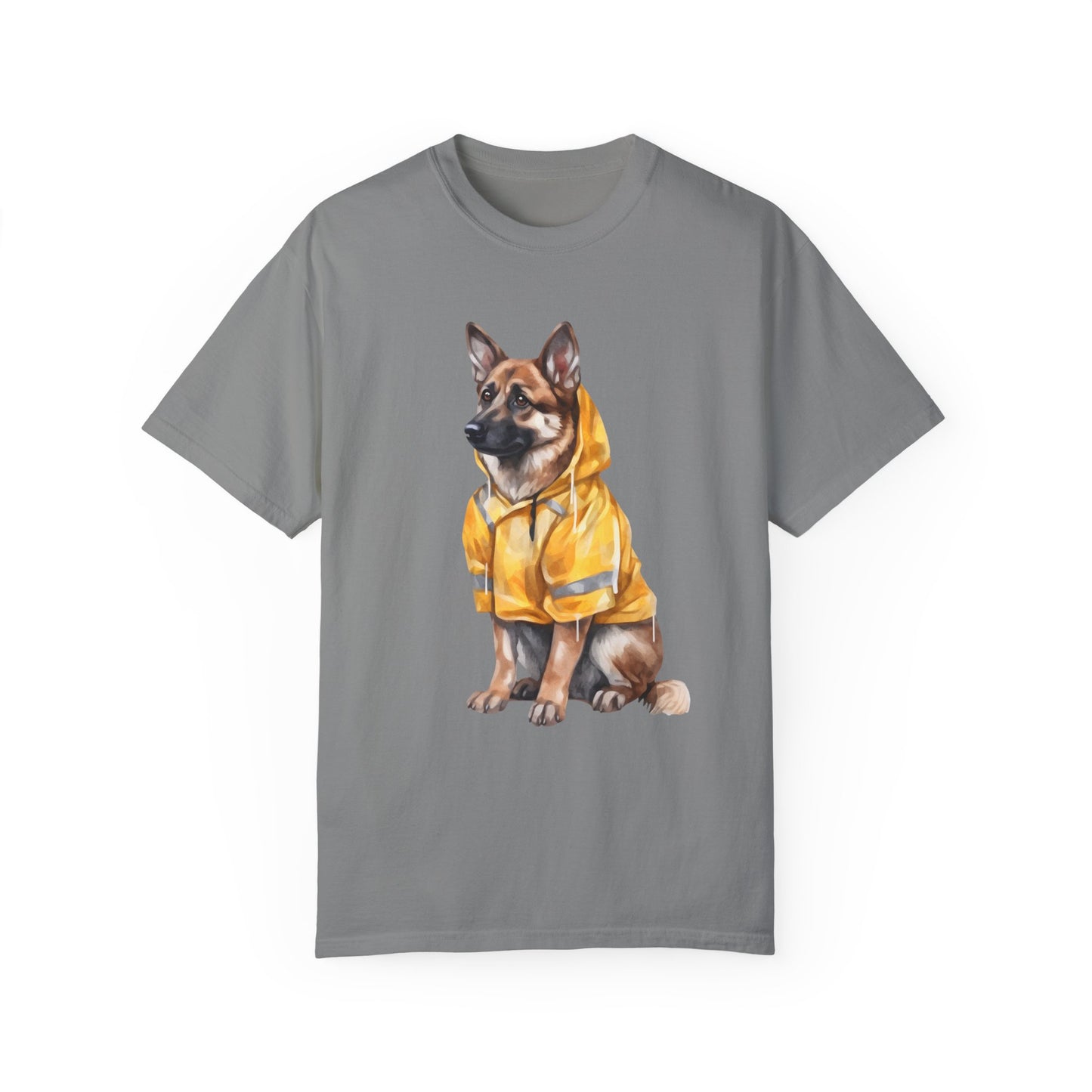 Unisex Dog Lover T-Shirt With a Graphic of German Shepherd Wearing a Yellow Rain Coat