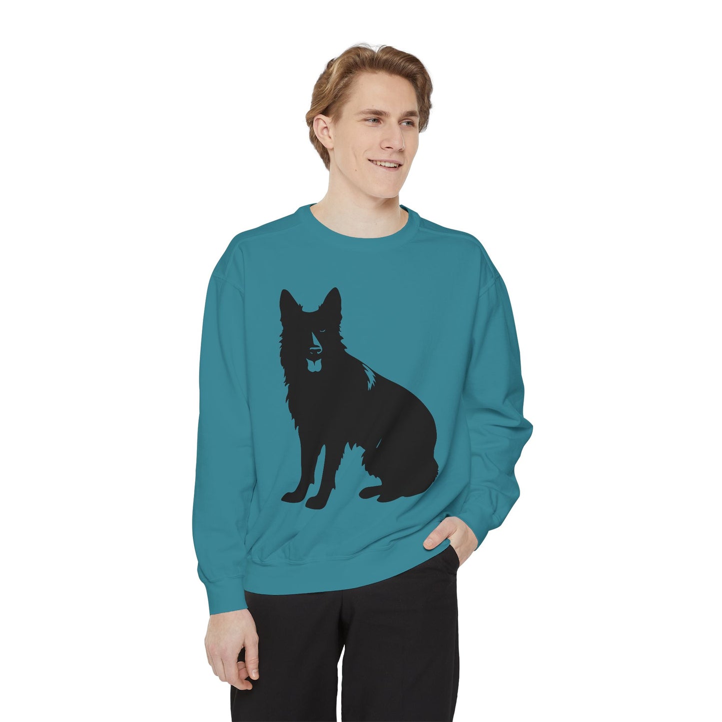 Unisex Dog Lover Sweatshirt With Graphic of Black German Shepherd With Hanging Tongue Sloppily Sitting