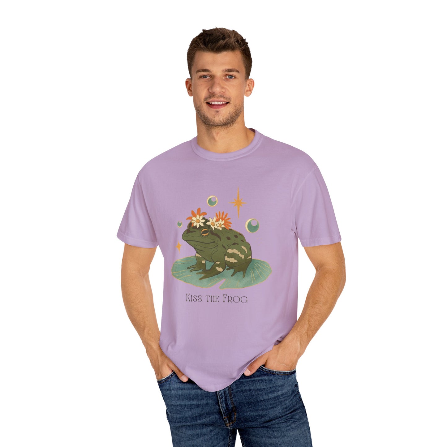 Kiss the Frog T-Shirt, Garment-Dyed Unisex Tee, Fun Gift for Nature Lovers, Cute Frog Graphic T-Shirt, Ideal for Casual Outings