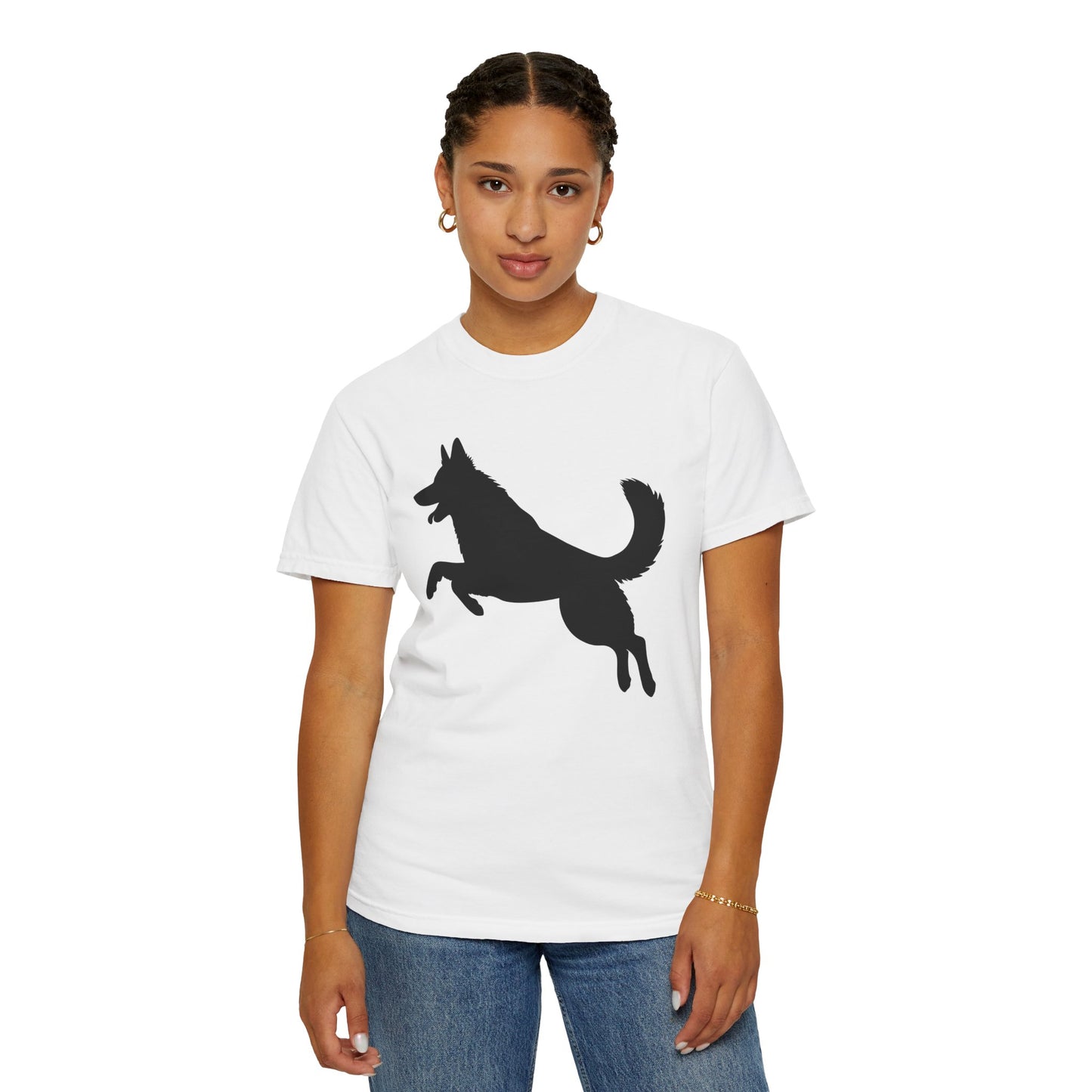 Unisex Dog Lover T-Shirt With a Graphic of Solid Black German Shepherd Jumping in the Air