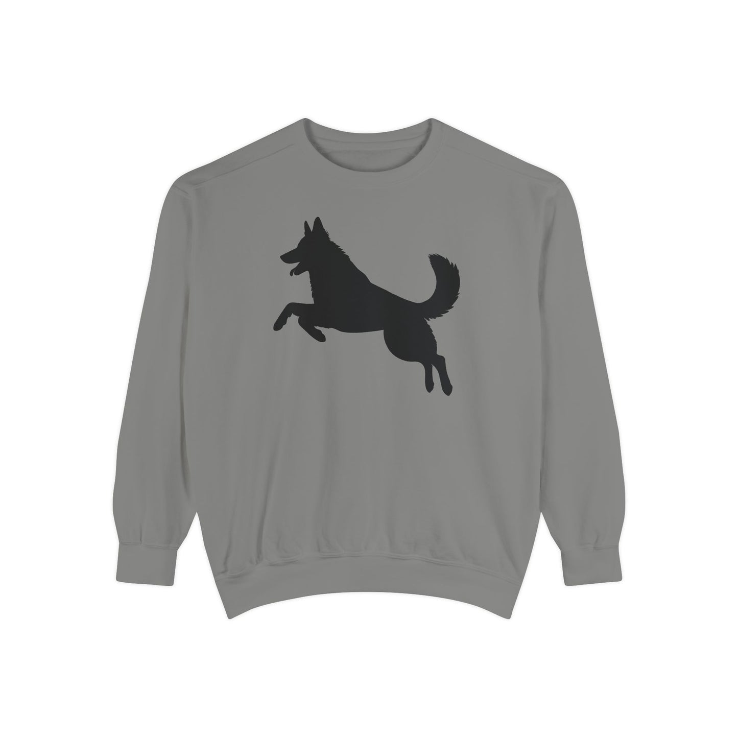 Unisex Dog Lover Sweatshirt With a Graphic of Solid Black German Shepherd Jumping in the Air
