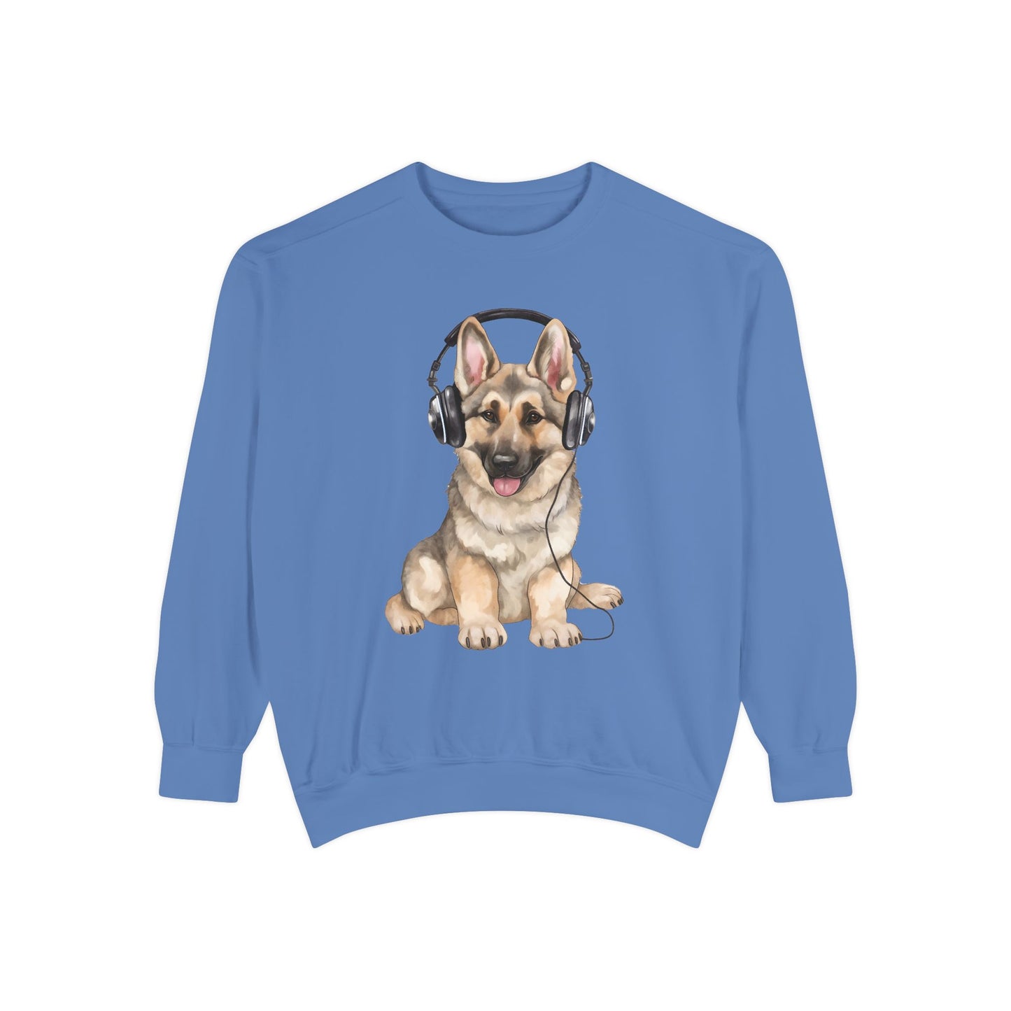 Unisex Dog Lover Sweatshirt With a German Shepherd Wearing Headphones Enjoying Music