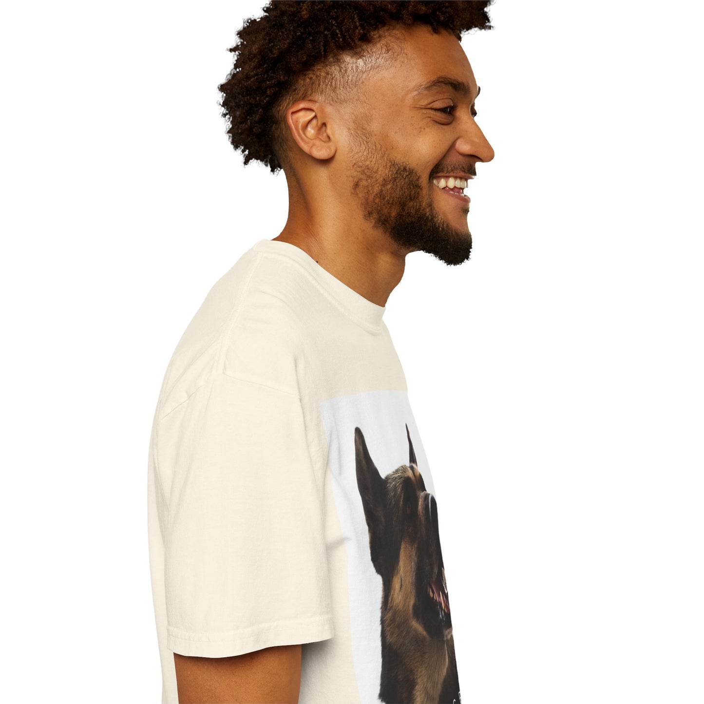 Unisex Dog Lover T-Shirt With Close Up of Large German Shepherd Turning His Face and Caption Selfless Beings