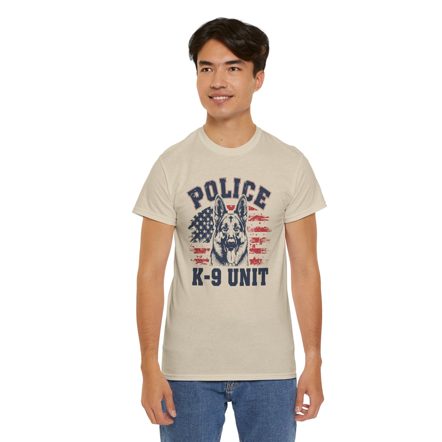 Patriotic Police K-9 Unit T-Shirt With American Flag in Background, Unisex Heavy Cotton Tee